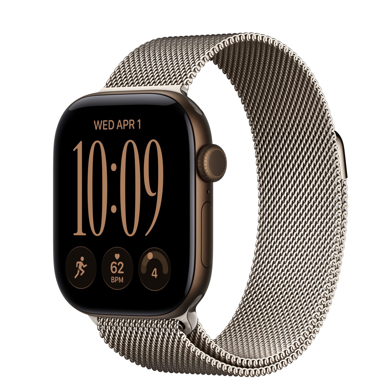 Apple Watch Series 12 (GPS + Cellular) • Aluminiumboett mörk brons, 42 mm • Milanesisk loop naturlig finish