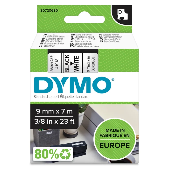 Dymo Tejp D1 9 mm X 7 M, svart/vit