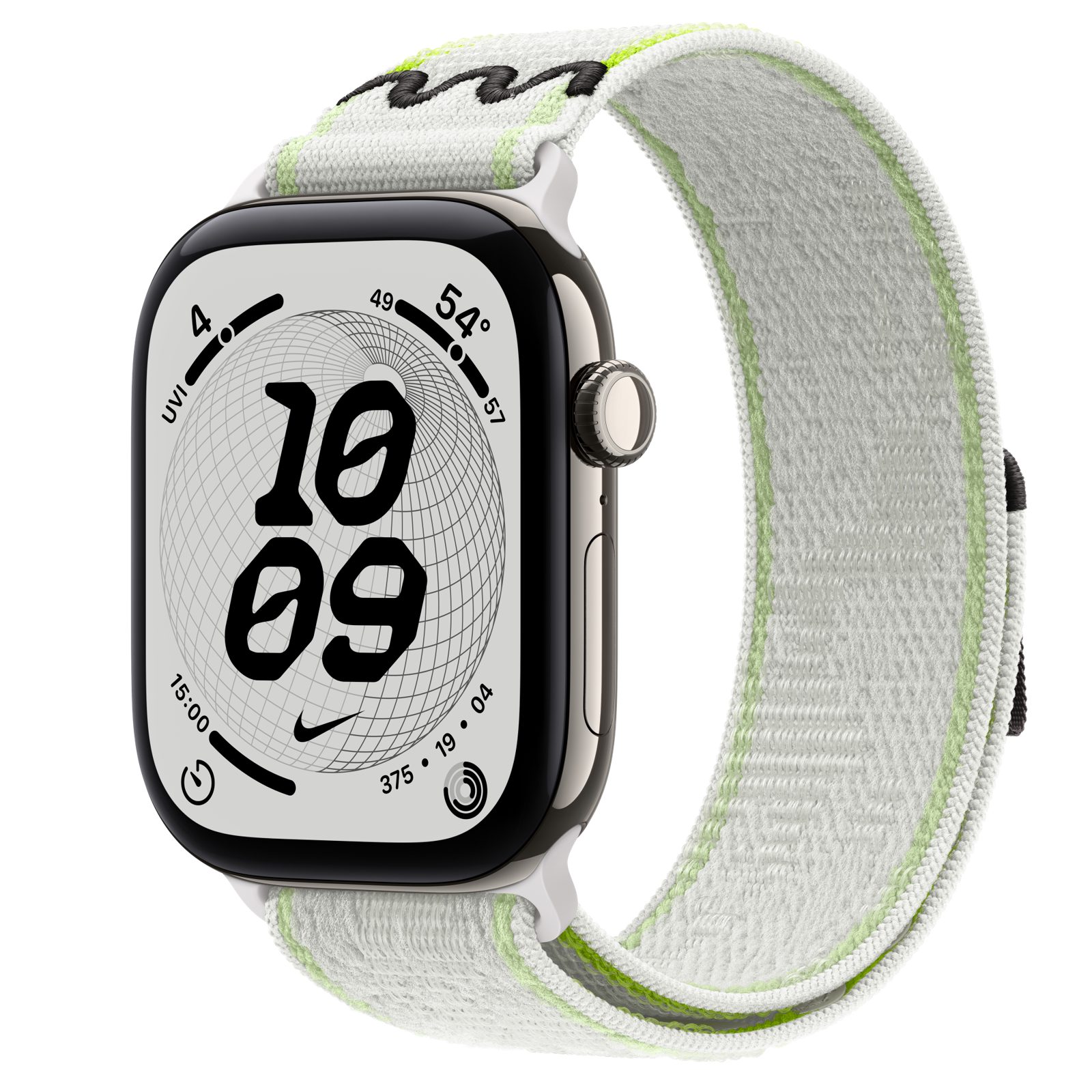 Apple Watch Series 12 (GPS + Cellular) • Titanboett naturlig, 46 mm • Nike-sportloop i Essential White