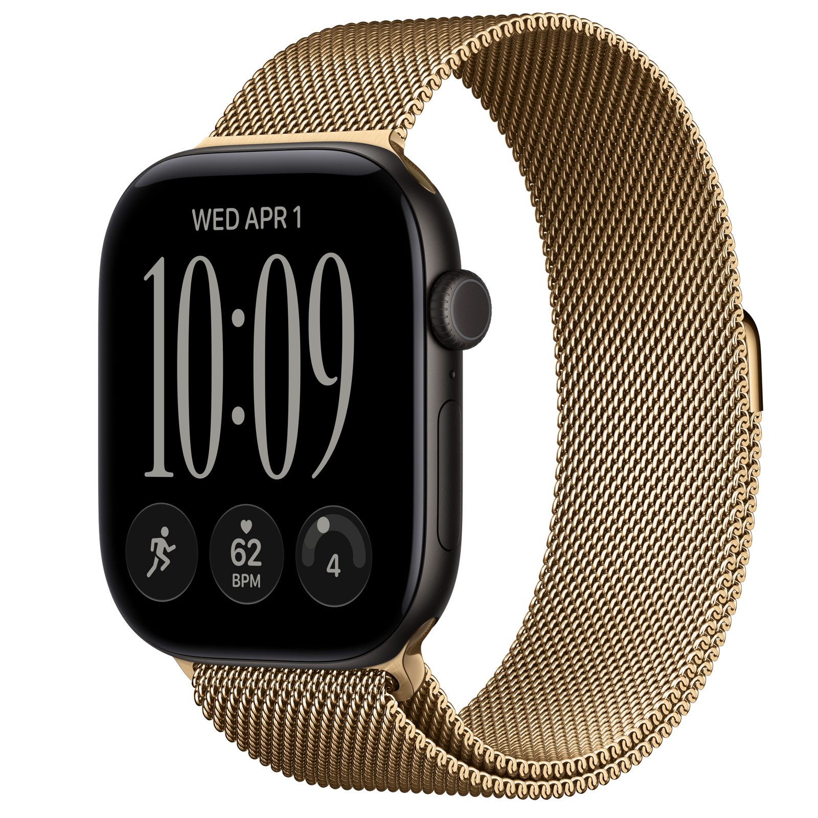 Apple Watch Series 12 (GPS) • Aluminiumboett svart, 46 mm • Milanesisk loop skinande guld