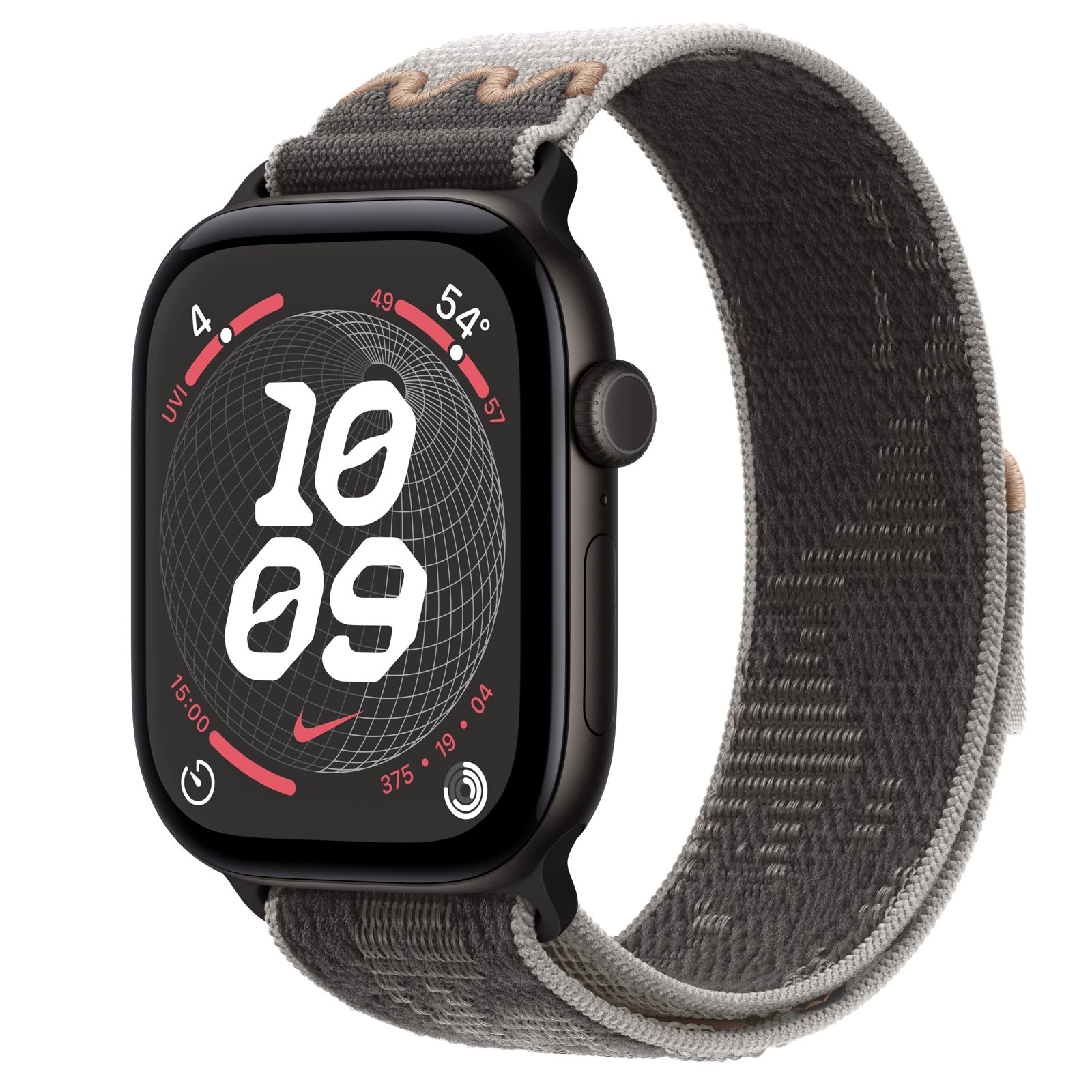 Apple Watch Series 12 (GPS) • Aluminiumboett svart, 46 mm • Nike-sportloop i Pavement Grey