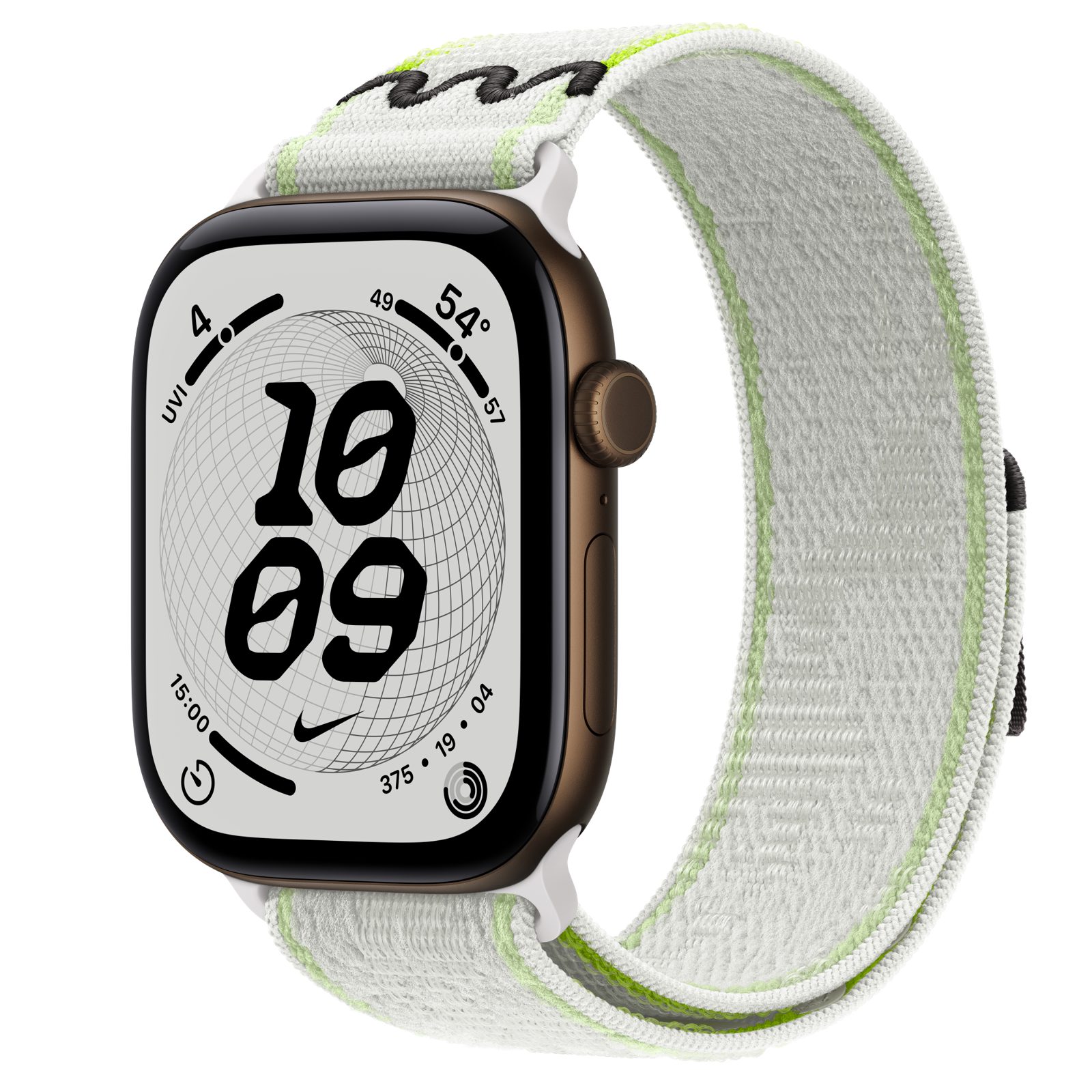 Apple Watch Series 12 (GPS) • Aluminiumboett mörk brons, 46 mm • Nike-sportloop i Essential White