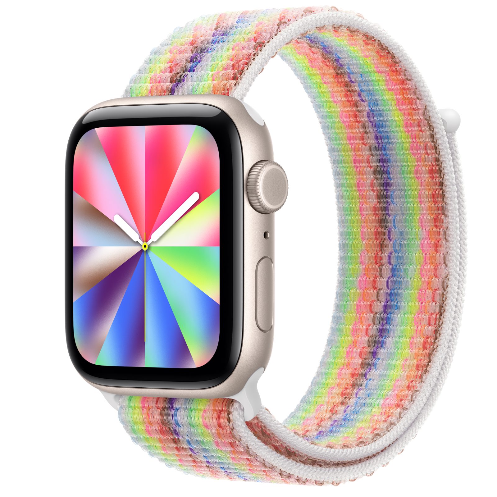Apple Watch SE 3 (GPS + Cellular) • Aluminiumboett stjärnglans, 44 mm • Sportloop Pride Edition