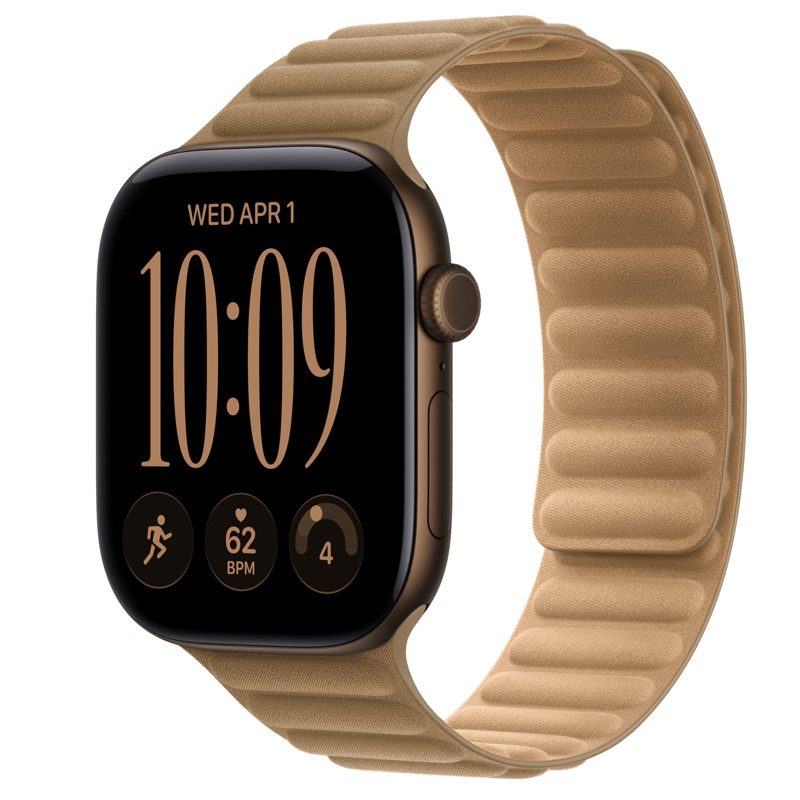 Apple Watch Series 12 (GPS + Cellular) • Aluminiumboett mörk brons, 46 mm • Magnetlänk kamelbrun