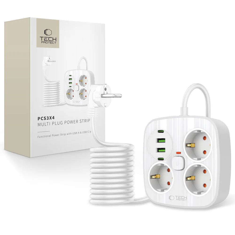 Tech-Protect PCS3X4 grenuttag, 3 uttag, 2xUSB-A, 2xUSB-C 200 cm - vit
