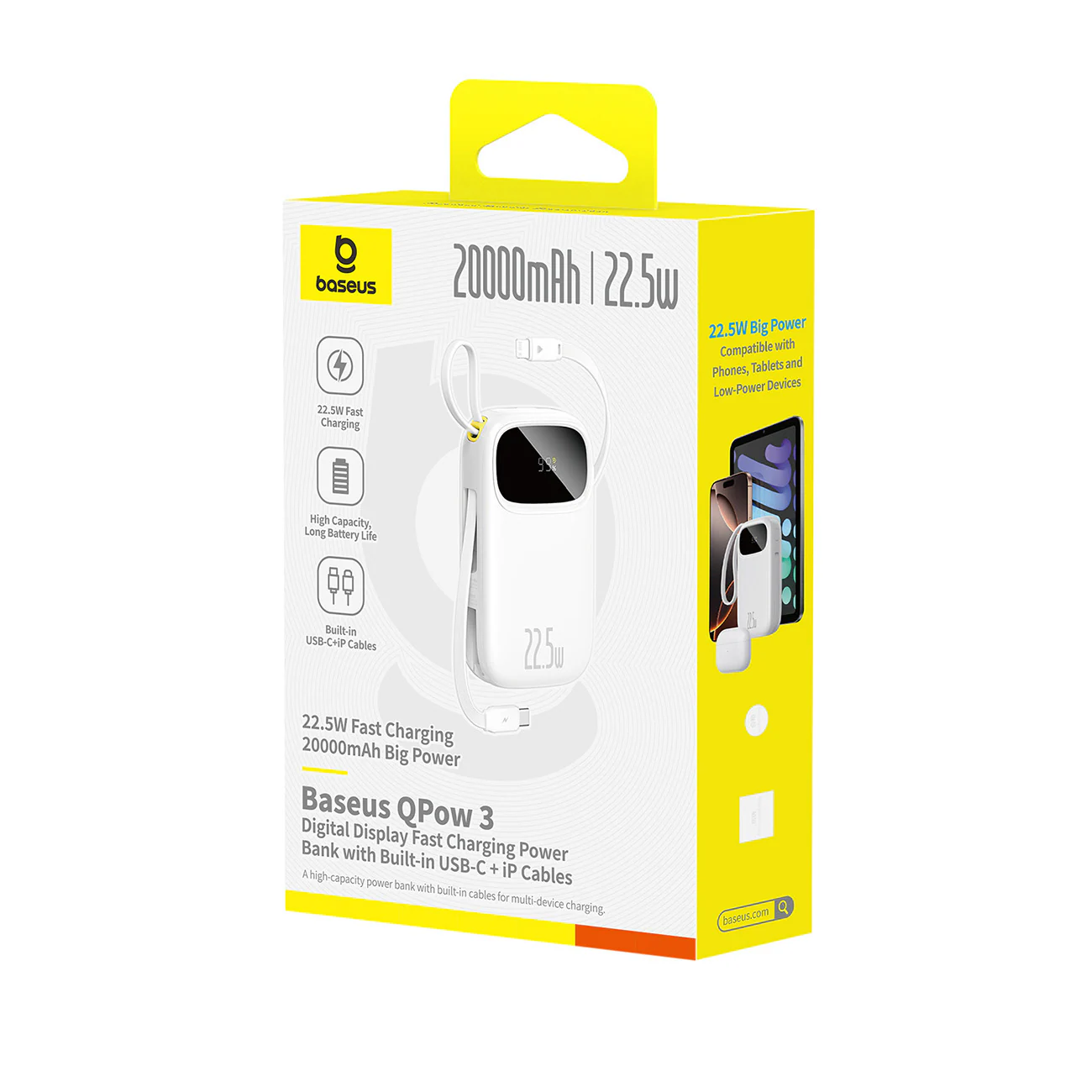 Baseus EnerFill FC31 20000mAh 22.5W Powerbank, digital display, 2 kablar (USB-C + Lightning) - Vit, bild 4