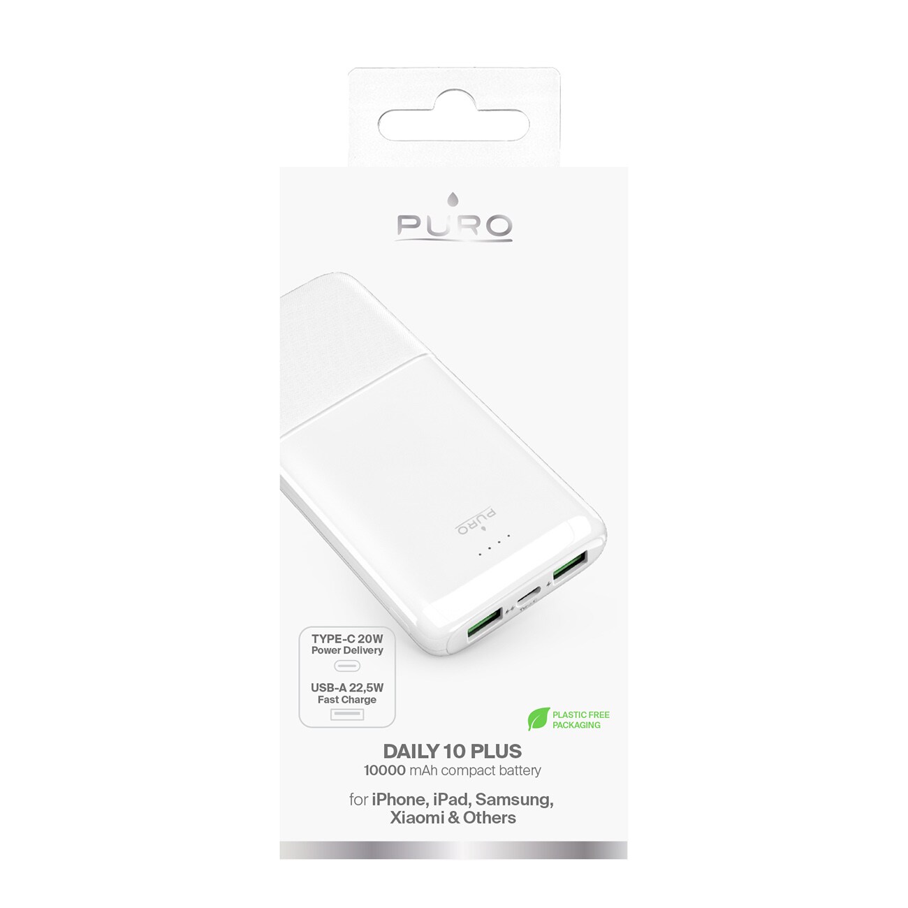 Powerbank Puro DAILY 10 PLUS 10000mAh 2x USBA / 1x USB-C 22,5W - vit, bild 3