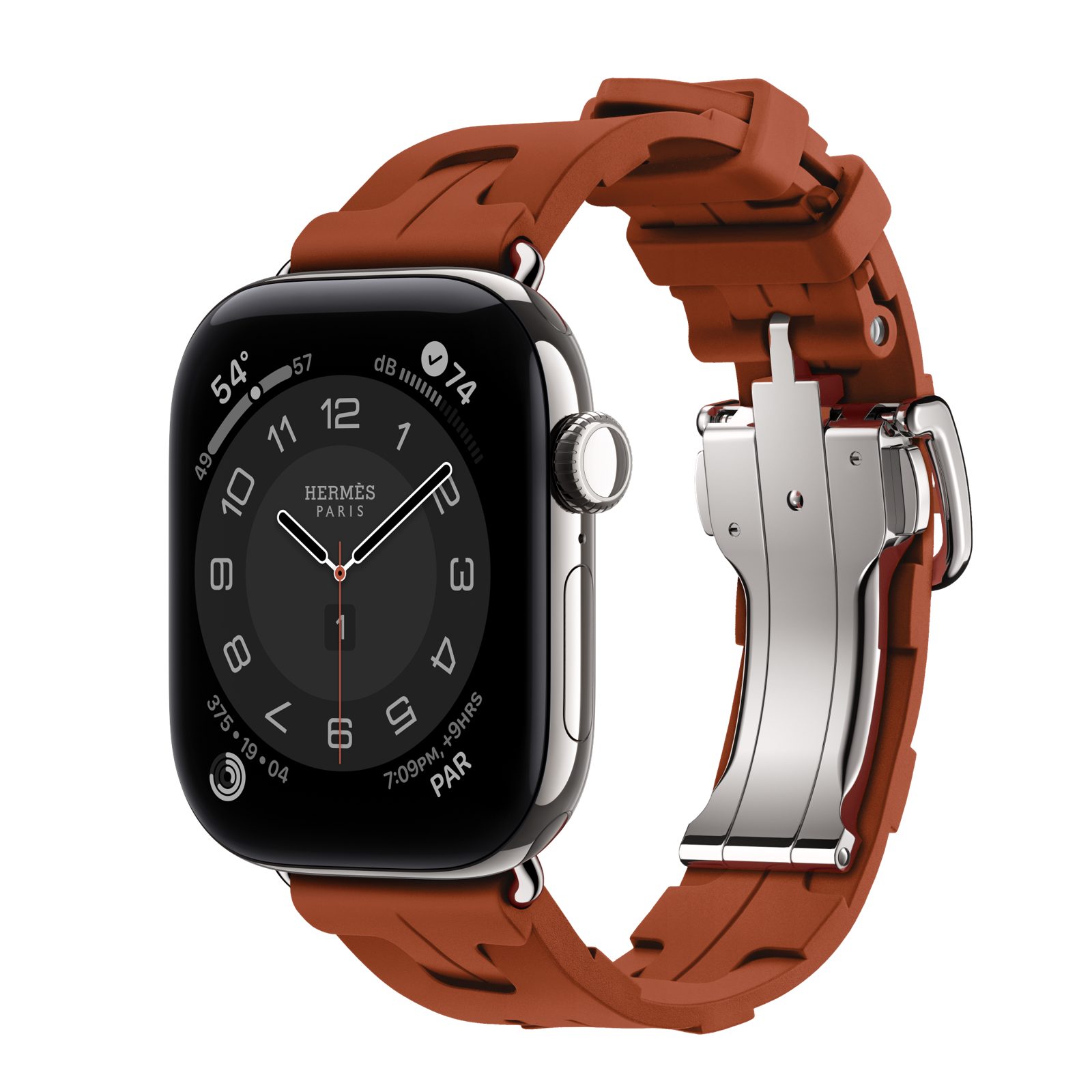 Apple Watch Hermès Series 12 (GPS + Cellular) • Titanboett silver, 42 mm • Kilim Simple Tour i Cuivre