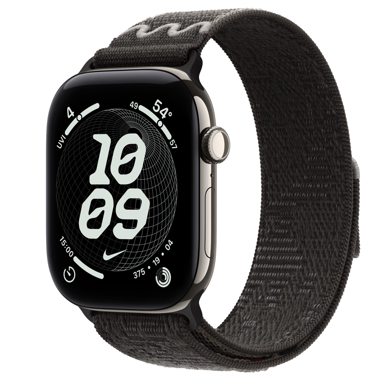 Apple Watch Series 12 (GPS + Cellular) • Titanboett naturlig, 46 mm • Nike-sportloop i After Dark Black