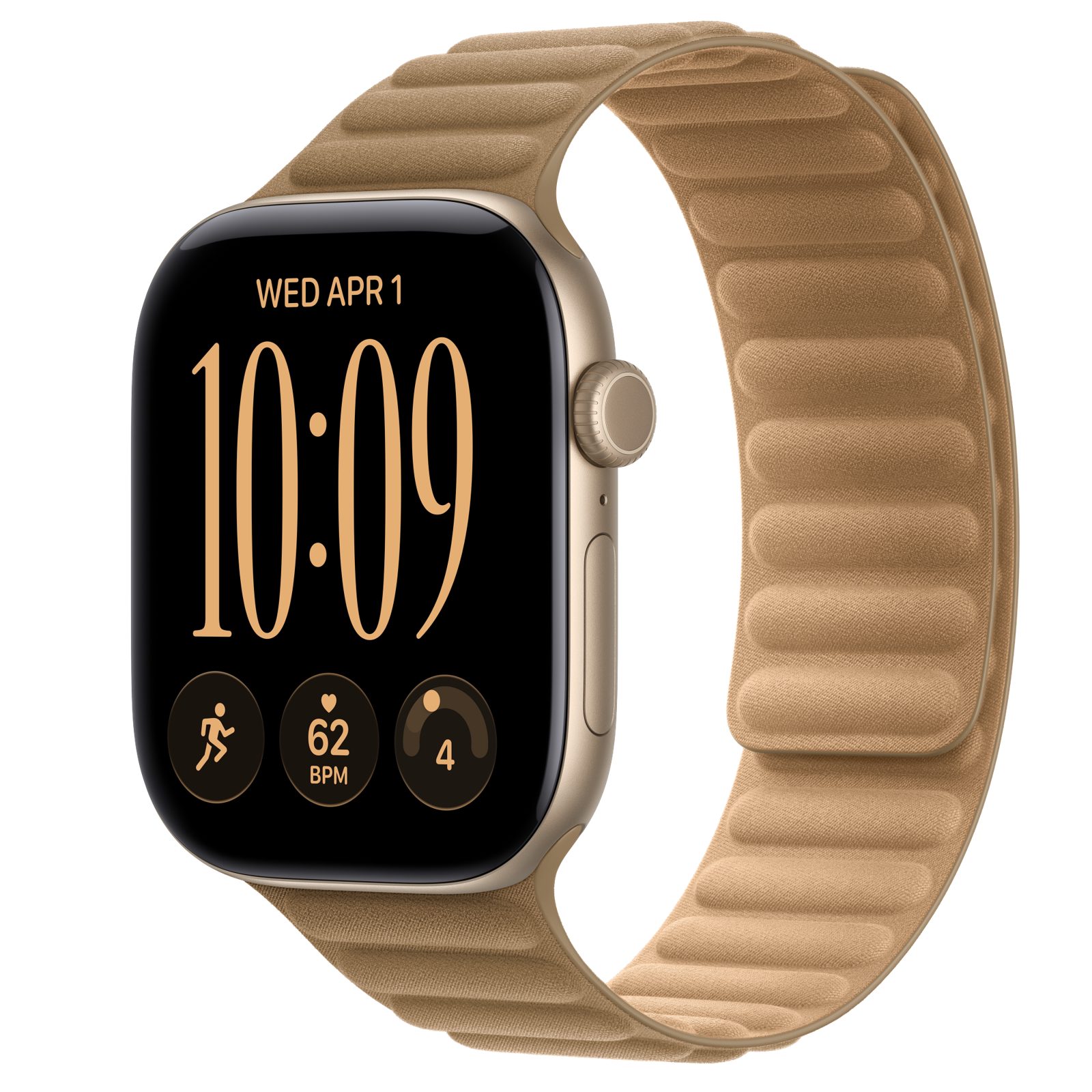 Apple Watch Series 12 (GPS + Cellular) • Aluminiumboett ljust guld, 46 mm • Magnetlänk kamelbrun