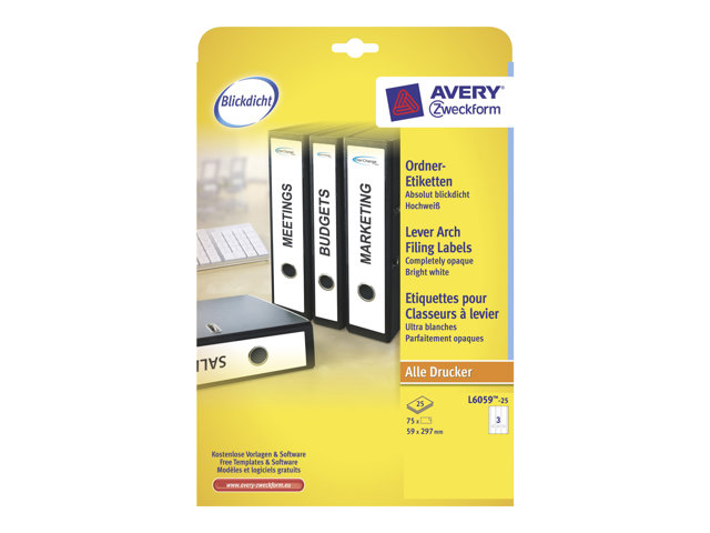 Avery L6059 - Vit - 59 x 297 mm 75 stk (25 ark x 3 etiketter för filmappar