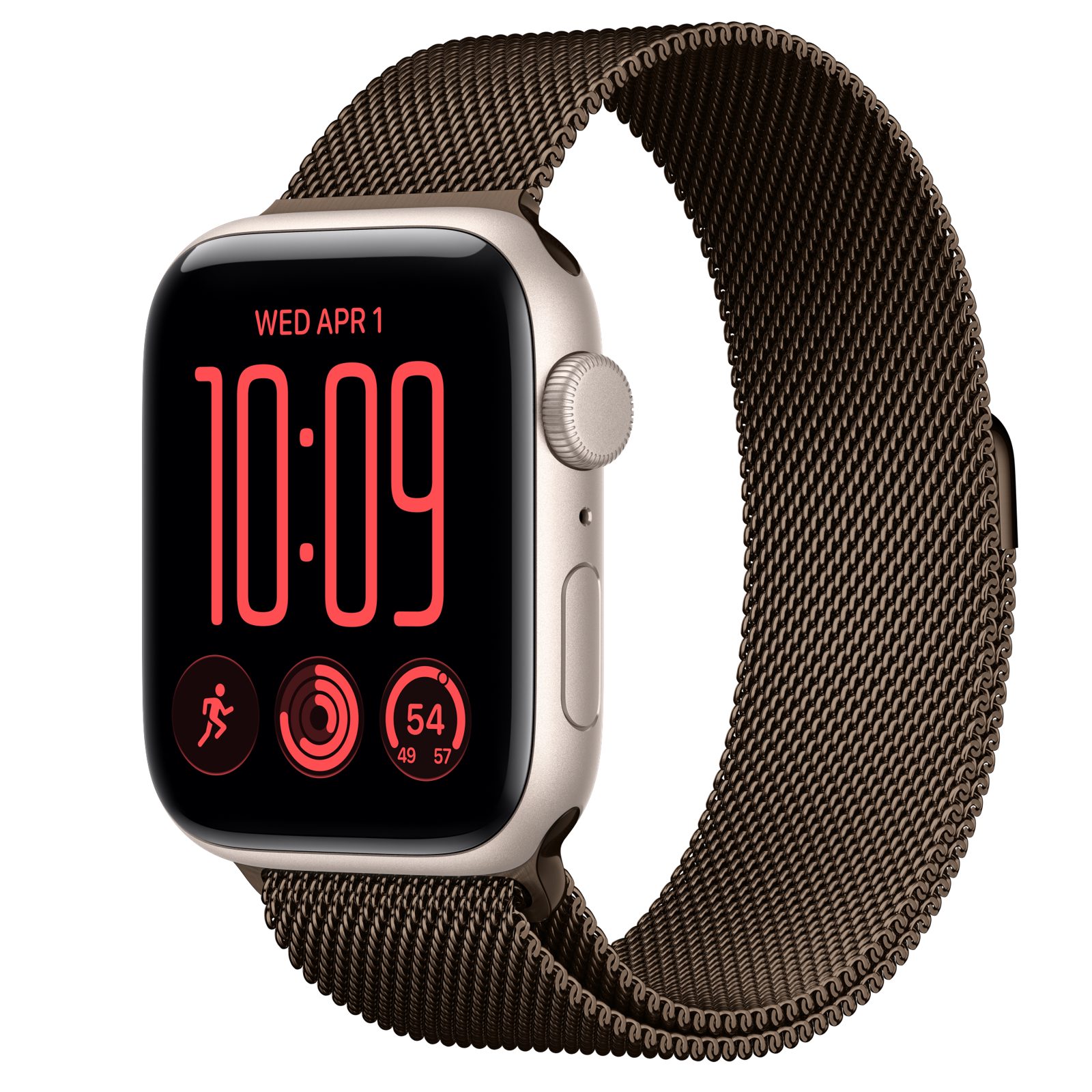Apple Watch SE 3 (GPS) • Aluminiumboett stjärnglans, 44 mm • Milanesisk loop mörk brons