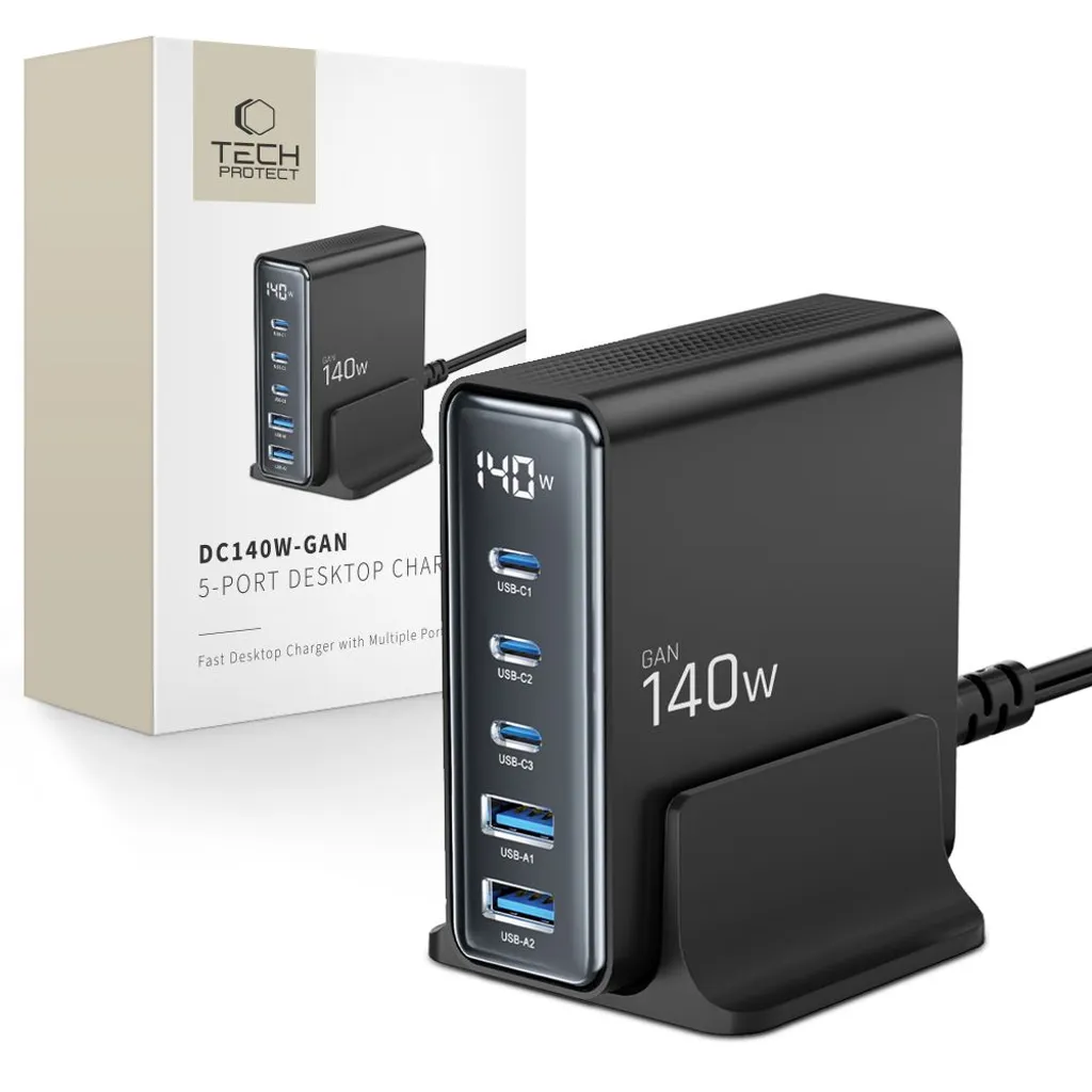 Tech-Protect DC140W-GAN 5-PORT PD140W/QC3.0 Charging Station - Svart