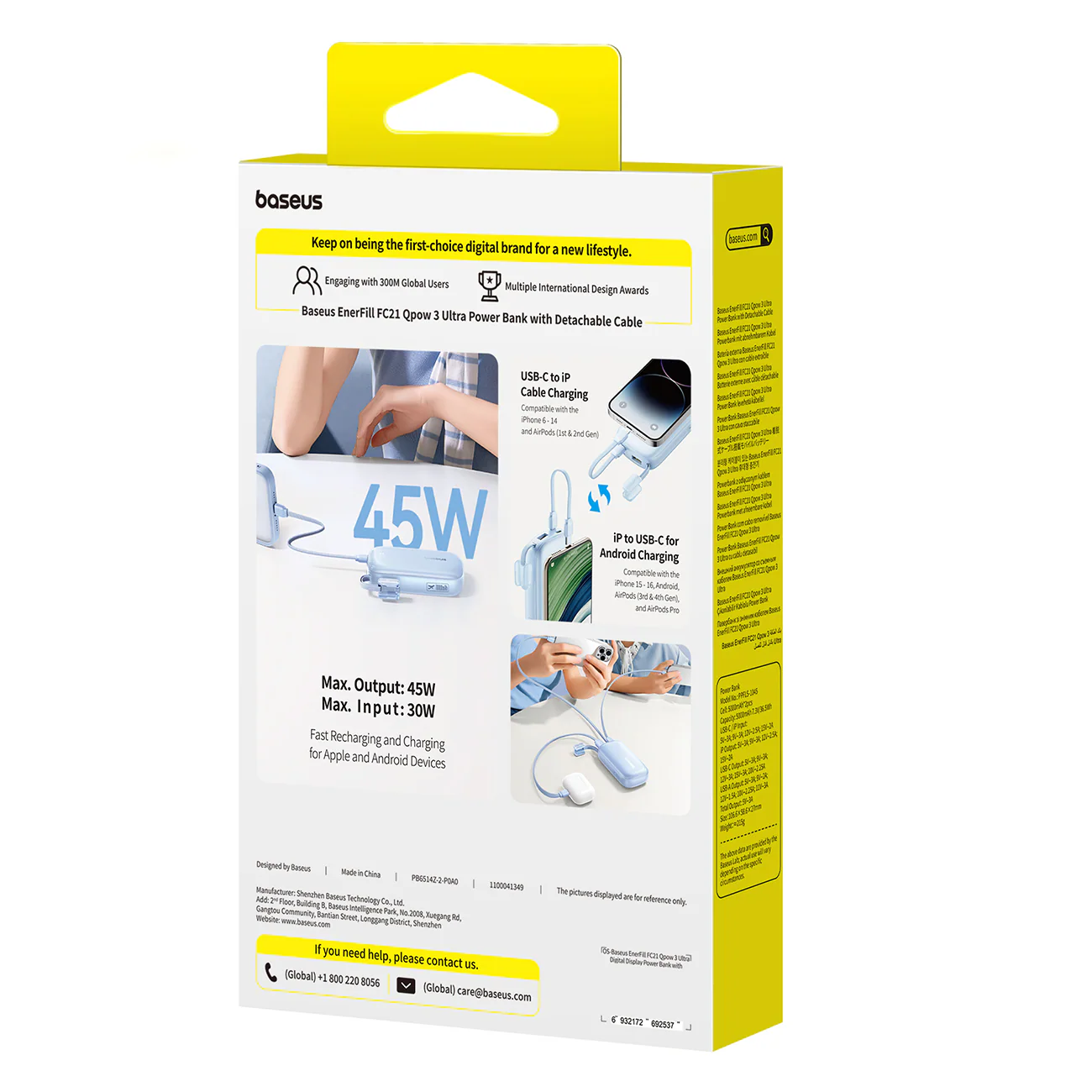 Baseus EnerFill FC21 Qpow 3 Ultra 10 000 mAh 45 W powerbank med avtagbar USB-C–Lightning-kabel – blå, bild 5