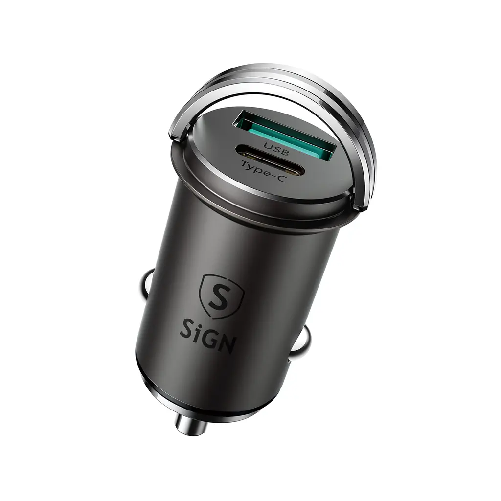 SiGN Mini Billaddare USB & USB-C, PD & Q.C3.0, 5A, 20W - Svart
