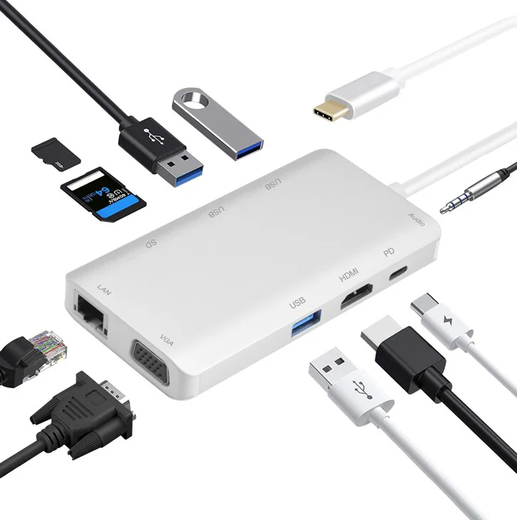 helos Dockingstation USB 3.1 Type-C till HDMI/VGA/USB/LAN/AUDIO/SD (Premium)