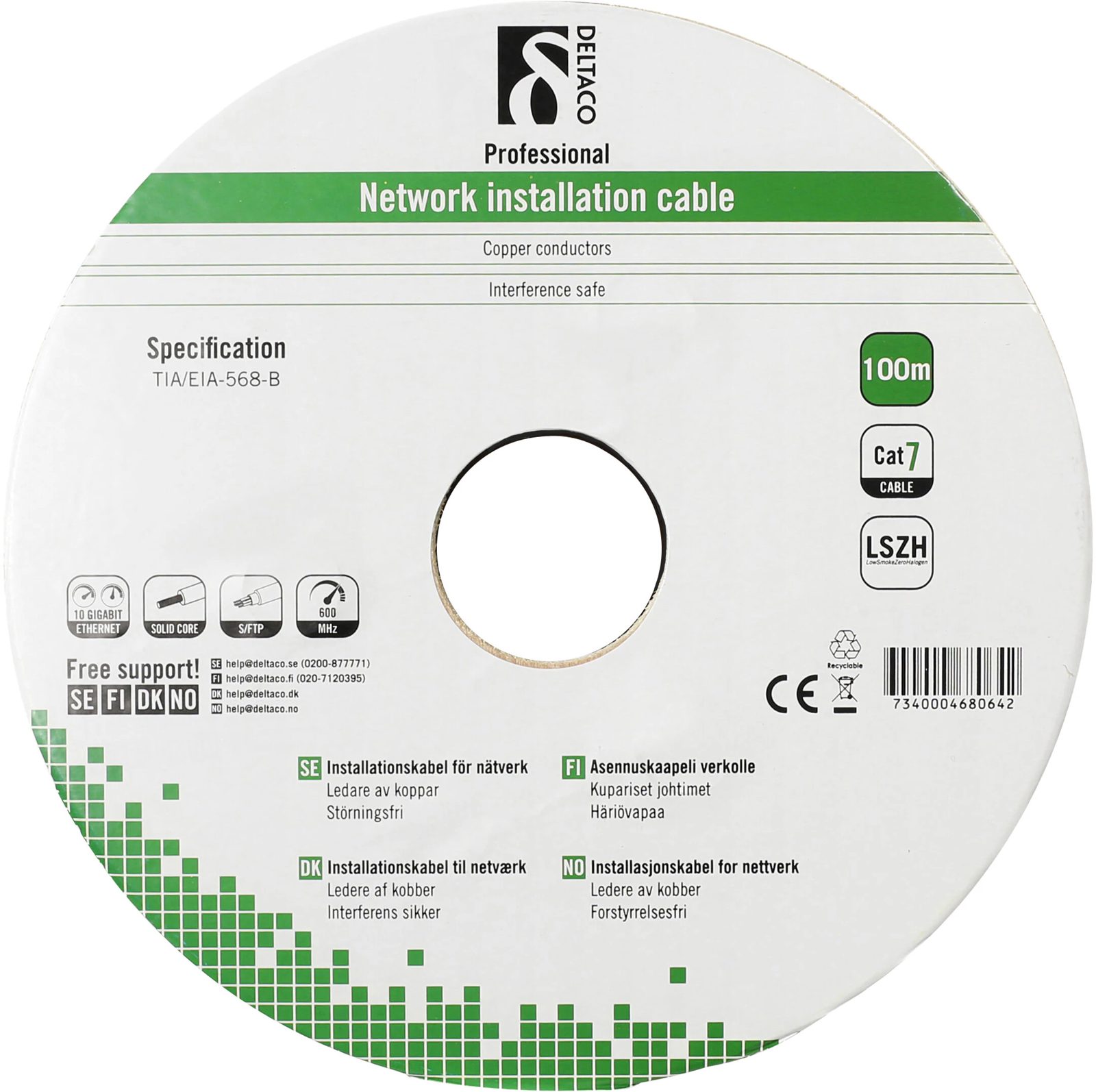 DELTACO S/FTP Cat7 install 100 m trumma, 600MHz