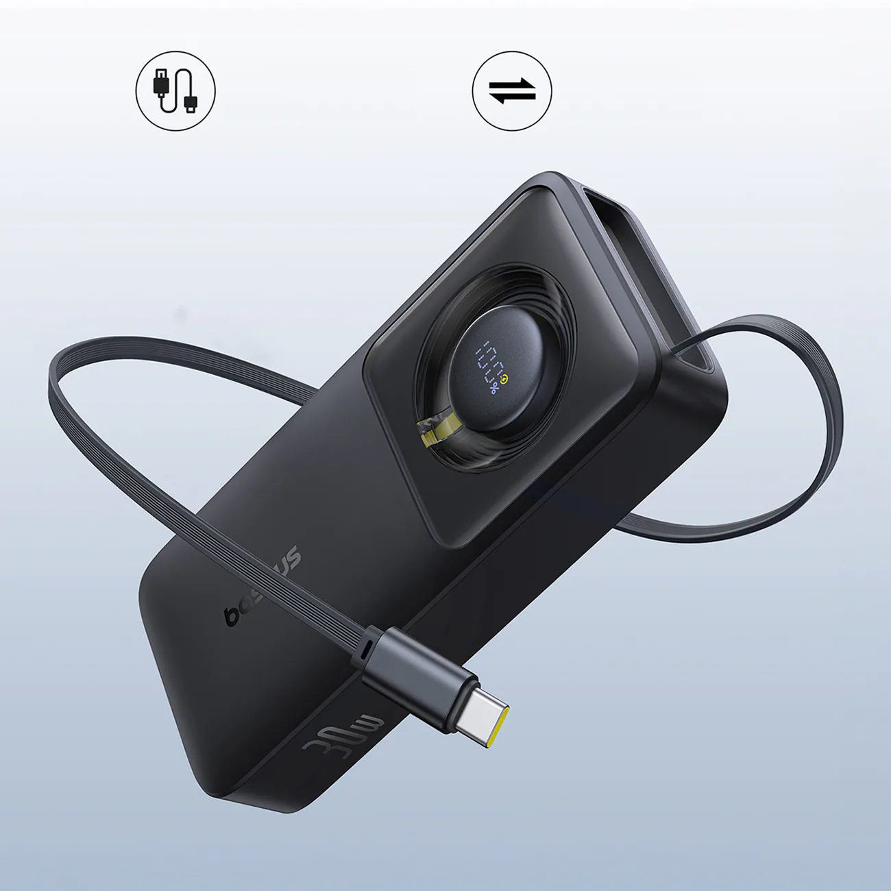 Baseus Free2Pull 10000mAh 30W powerbank med USB-C-port och utdragbar USB-C-kabel - svart