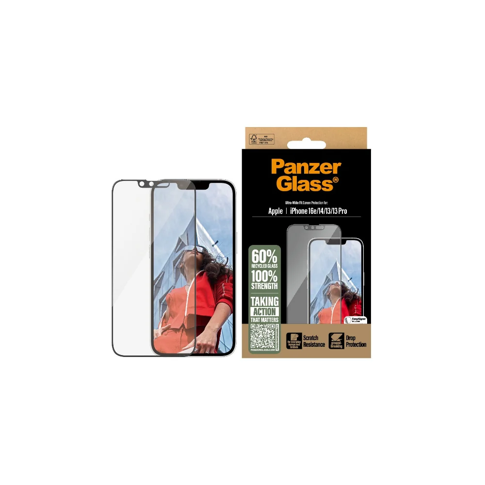 PanzerGlass iPhone 17e/16e/14/13/13 Pro skärmskydd Ultra-Wide Fit med applikator, transparent