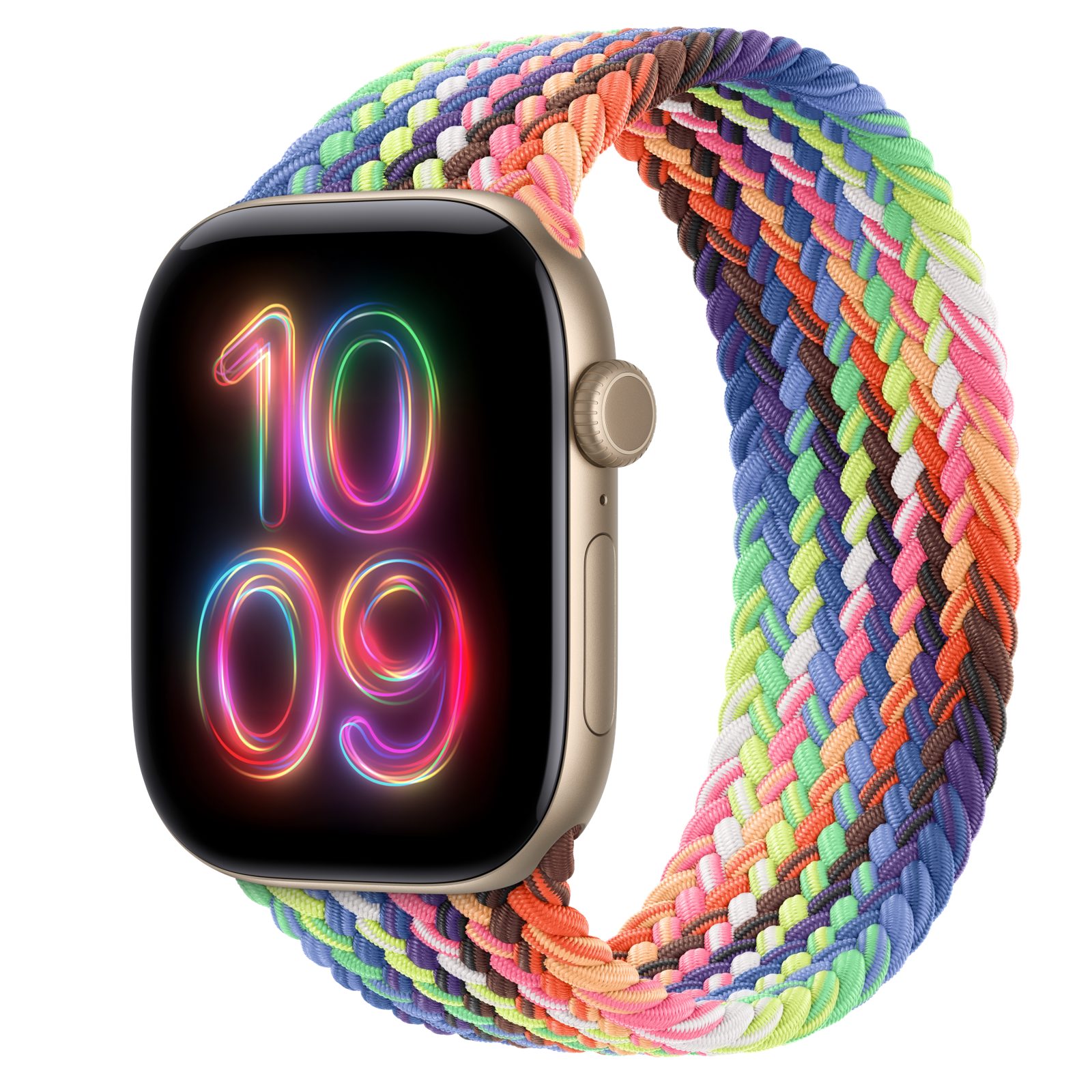 Apple Watch Series 12 (GPS) • Aluminiumboett ljust guld, 46 mm • Flätad sololoop Pride Edition