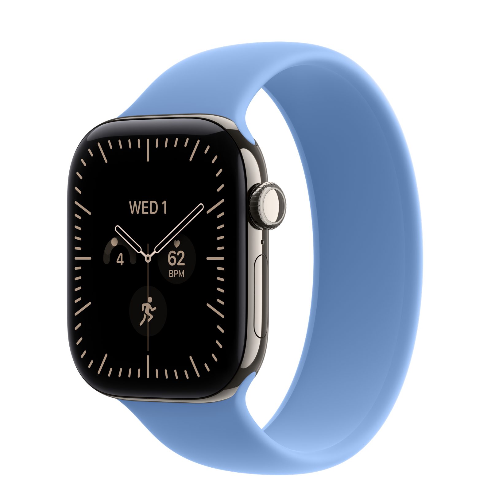 Apple Watch Series 12 (GPS + Cellular) • Titanboett naturlig, 42 mm • Sololoop ängsblå