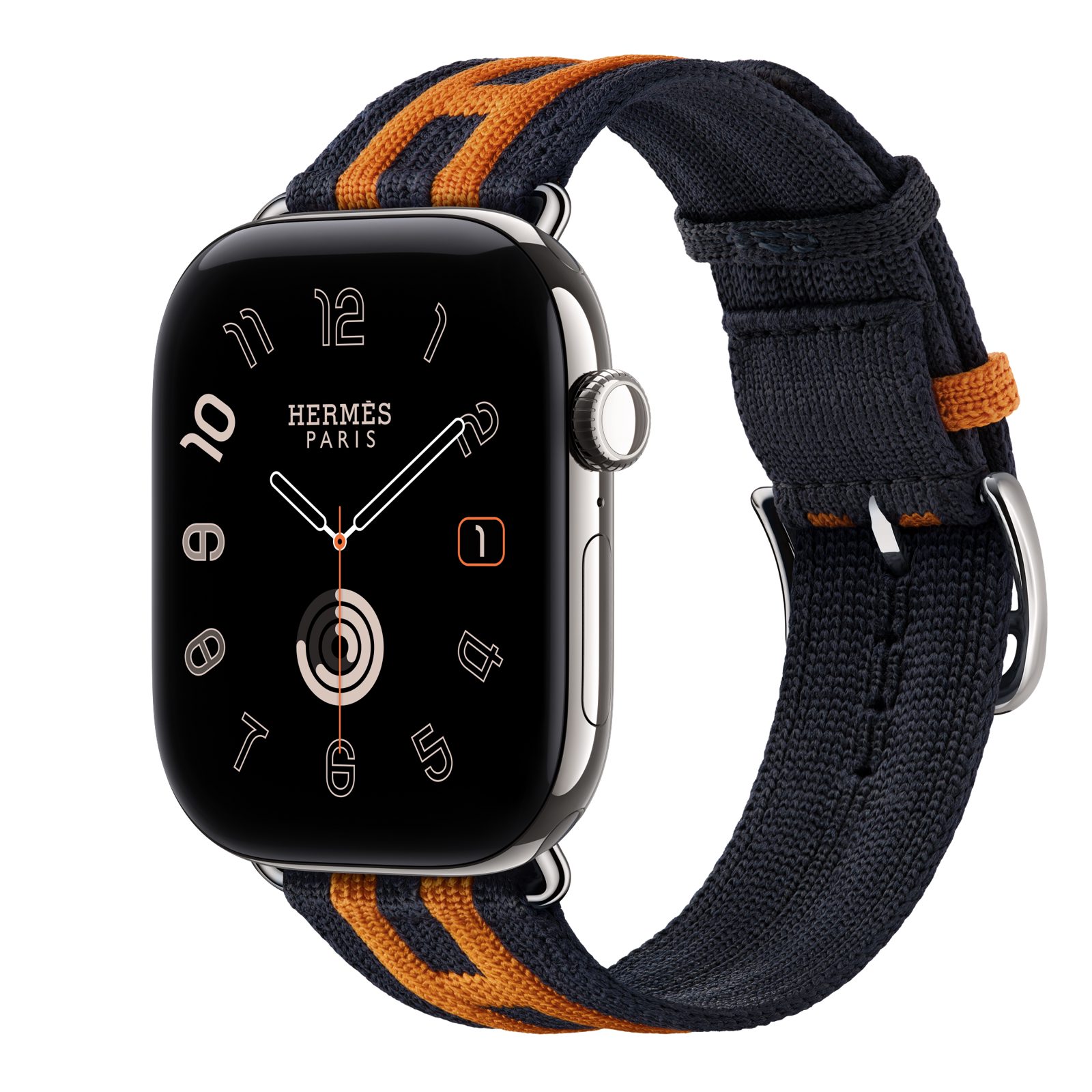 Apple Watch Hermès Series 12 (GPS + Cellular) • Titanboett silver, 46 mm • Rocabar Club i Bleu Nuit/Orange