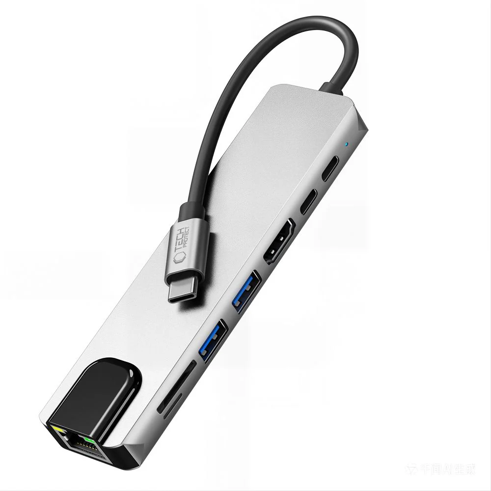 Tech-Protect HB09 USB-hubb 8-i-1: USB-C/USB-A 3.0, HDMI 4K 60Hz, SD/TF, PD 100W, RJ45 – grå, bild 5