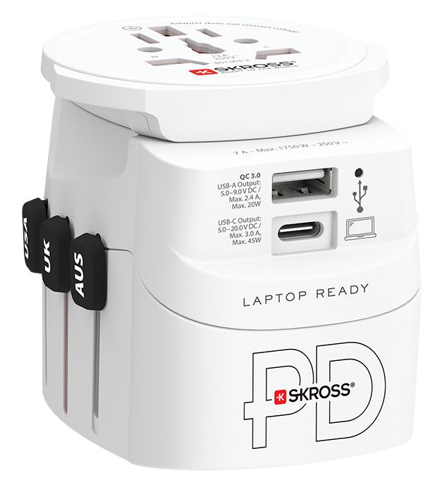 SKROSS PRO Light AC45PD reseadapter 45 W World + USB-C-kabel, vit