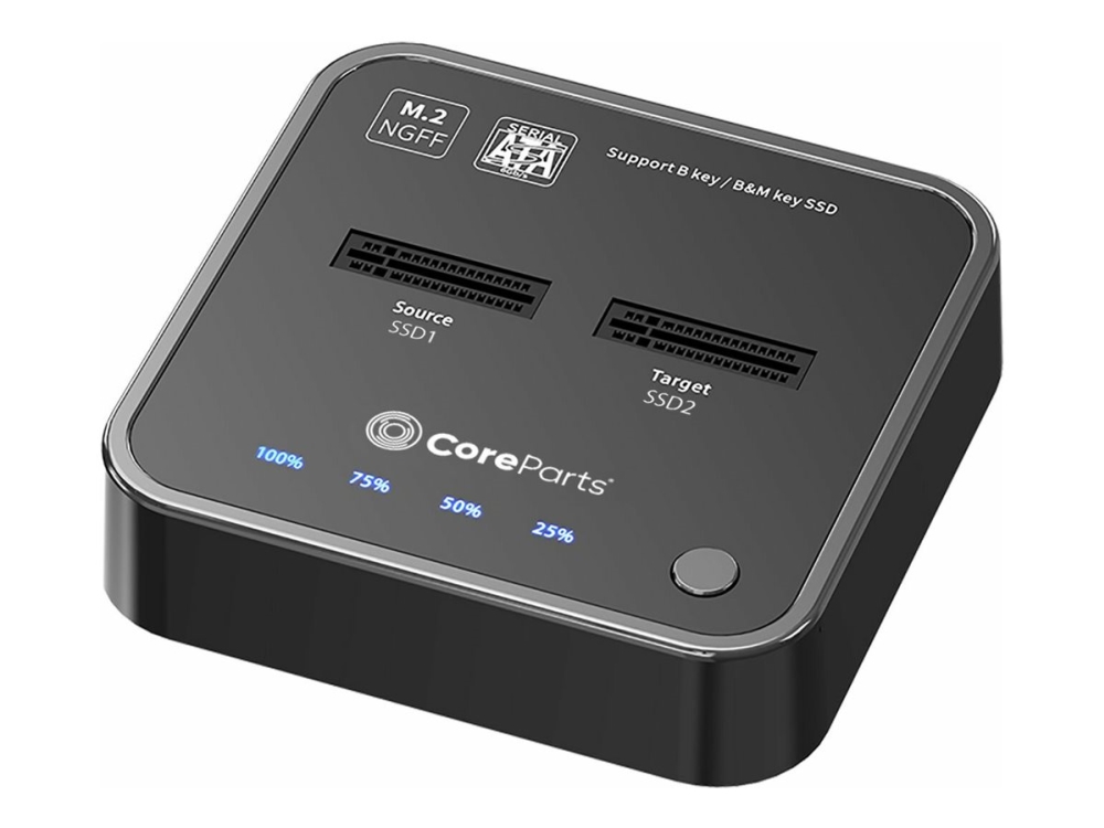 CoreParts - SSD-dockningsstation - 10 Gbps med klonfunktion, förpackningen inkluderar USB-C-kabel, nätaggregat och bruksanvisning - M.2 - SATA 6Gb/s - USB-C 3.2 (Gen 2) - svart