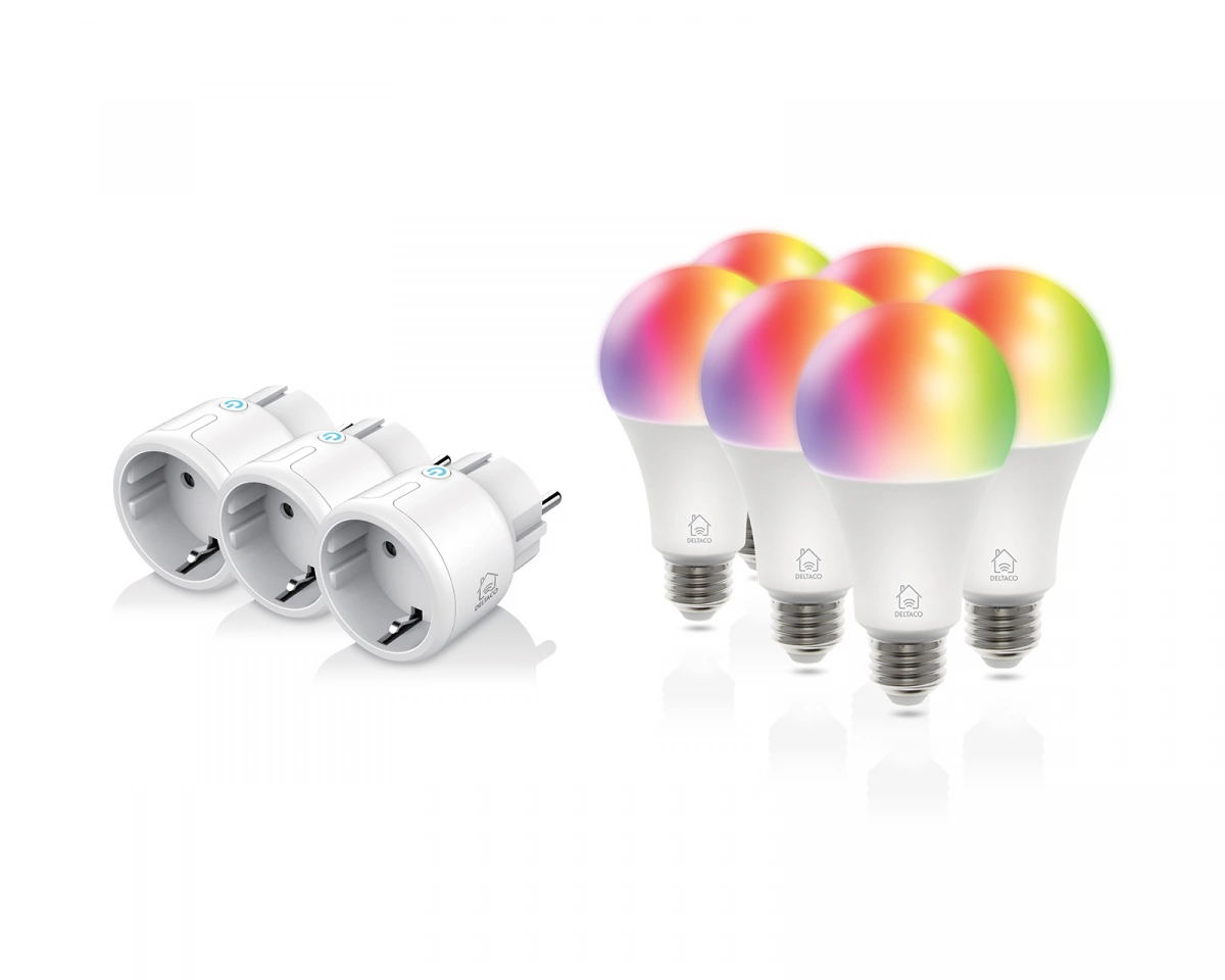 Deltaco smart home startpaket 3X Mini-strömbrytare och 6X RGB-lampor, vit
