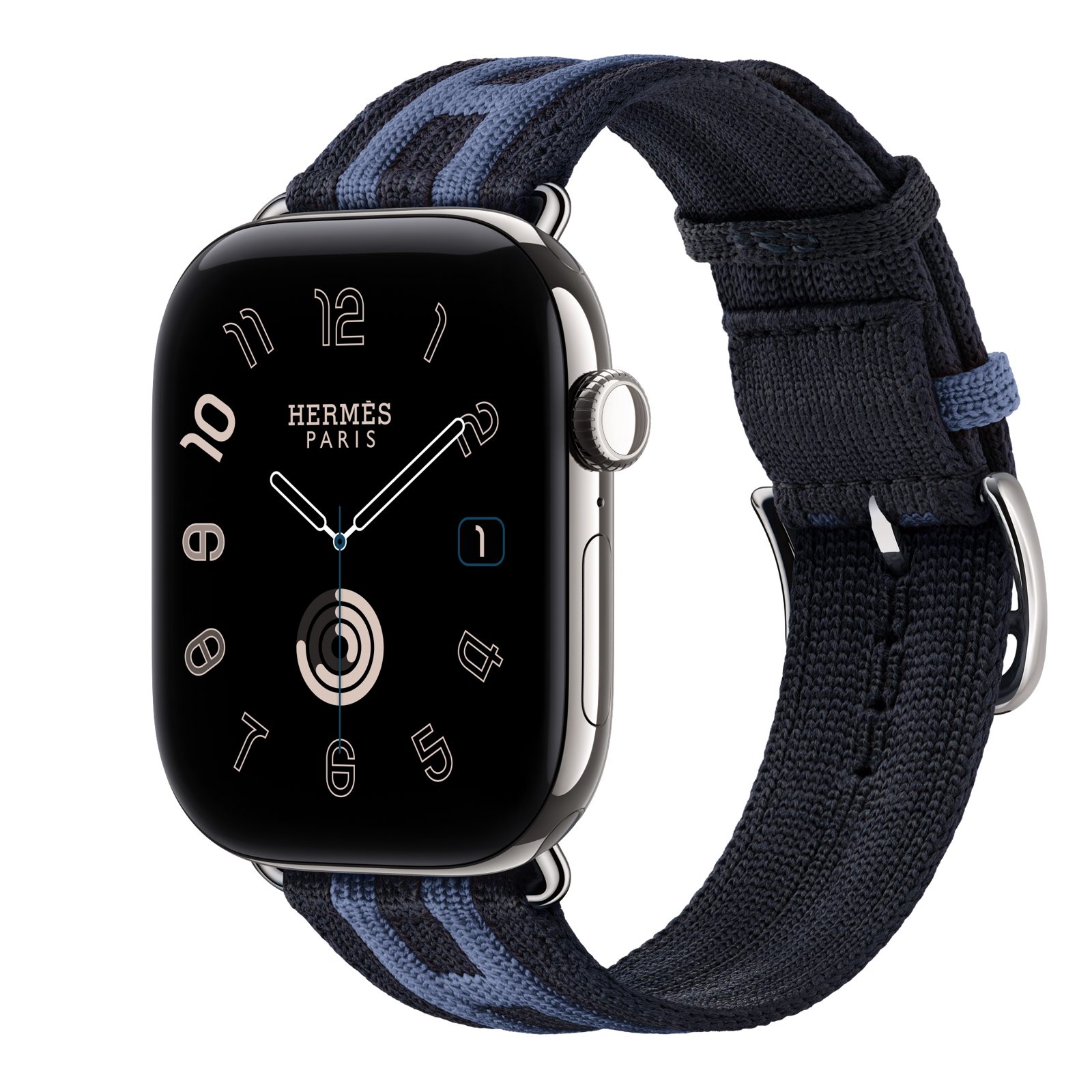 Apple Watch Hermès Series 12 (GPS + Cellular) • Titanboett silver, 46 mm • Rocabar Club i Bleu Nuit/Bleu Brighton