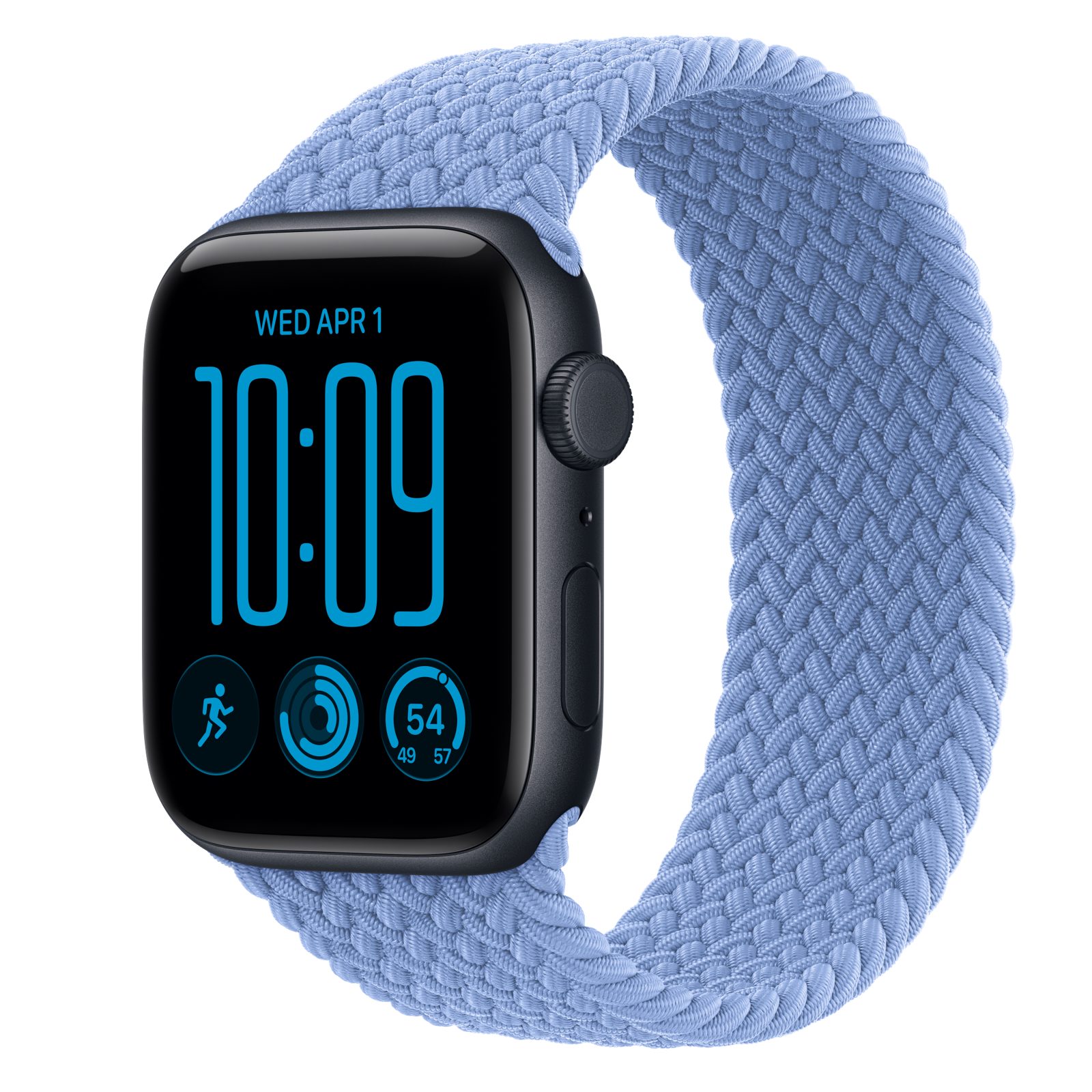 Apple Watch SE 3 (GPS + Cellular) • Aluminiumboett midnatt, 44 mm • Flätad sololoop ängsblå