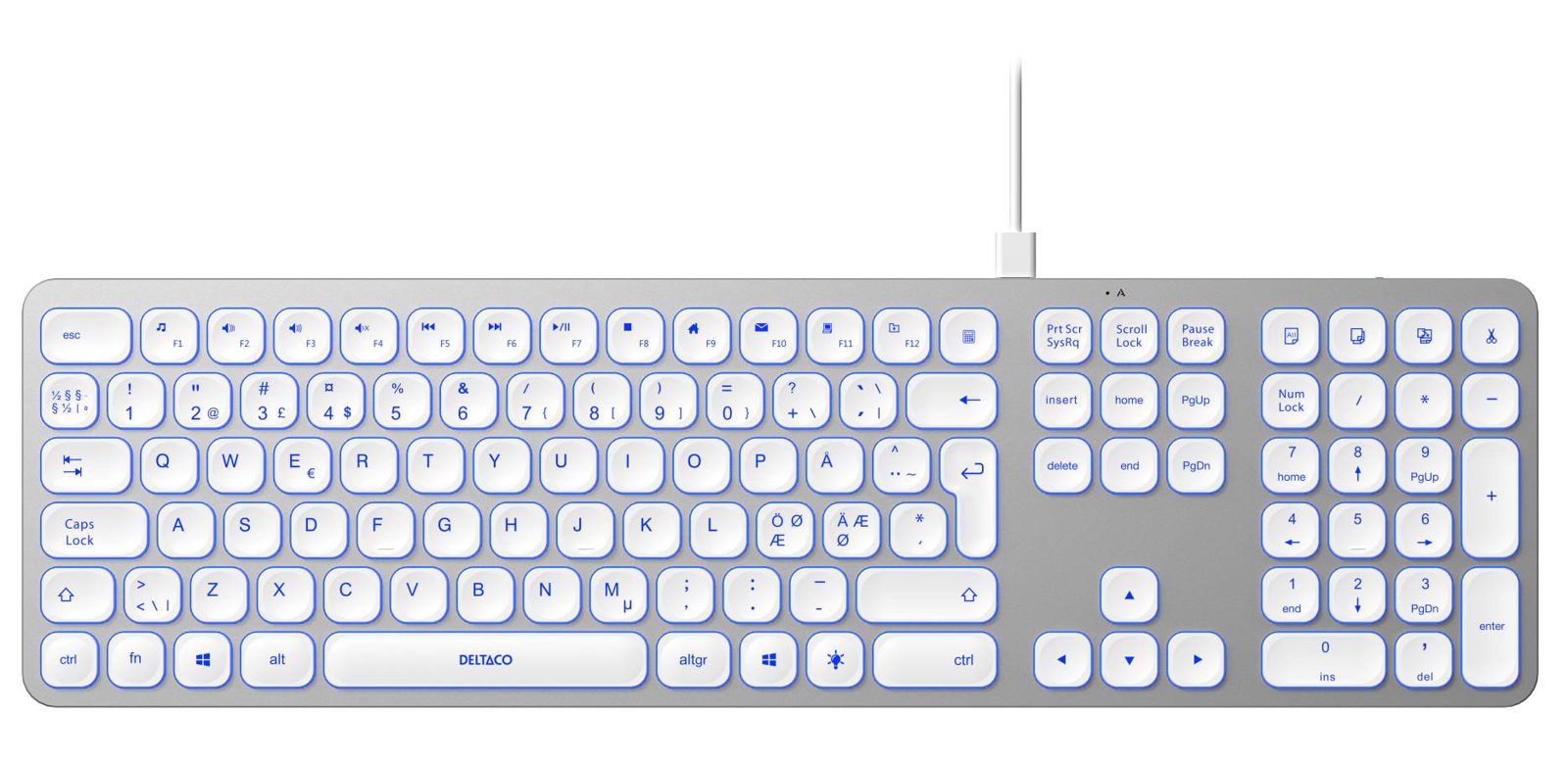Deltaco Wired Low-Profile Aluminium Keyboard, USB-A/USB-C, bakgrundsbelysning, bild 3