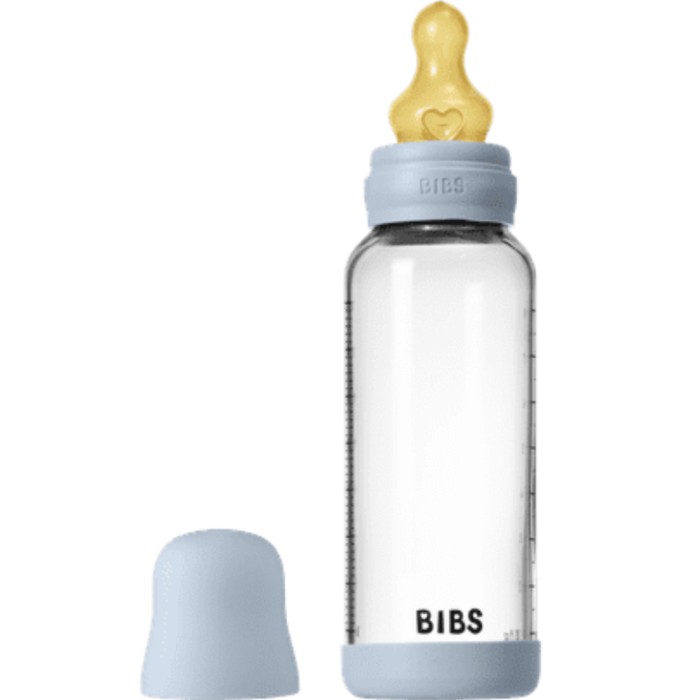 BIBS Glass Baby Bottle Round Latex 240 ml Medium Flow Baby Blue