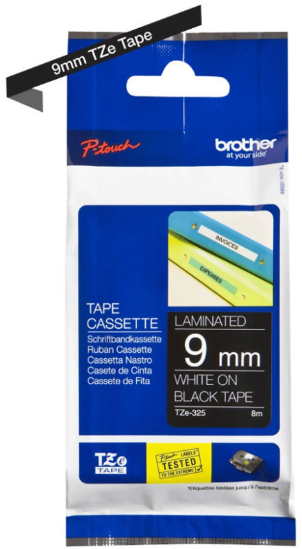 Brother TZE325 Tejp Vit Text - svart botten - 9mm
