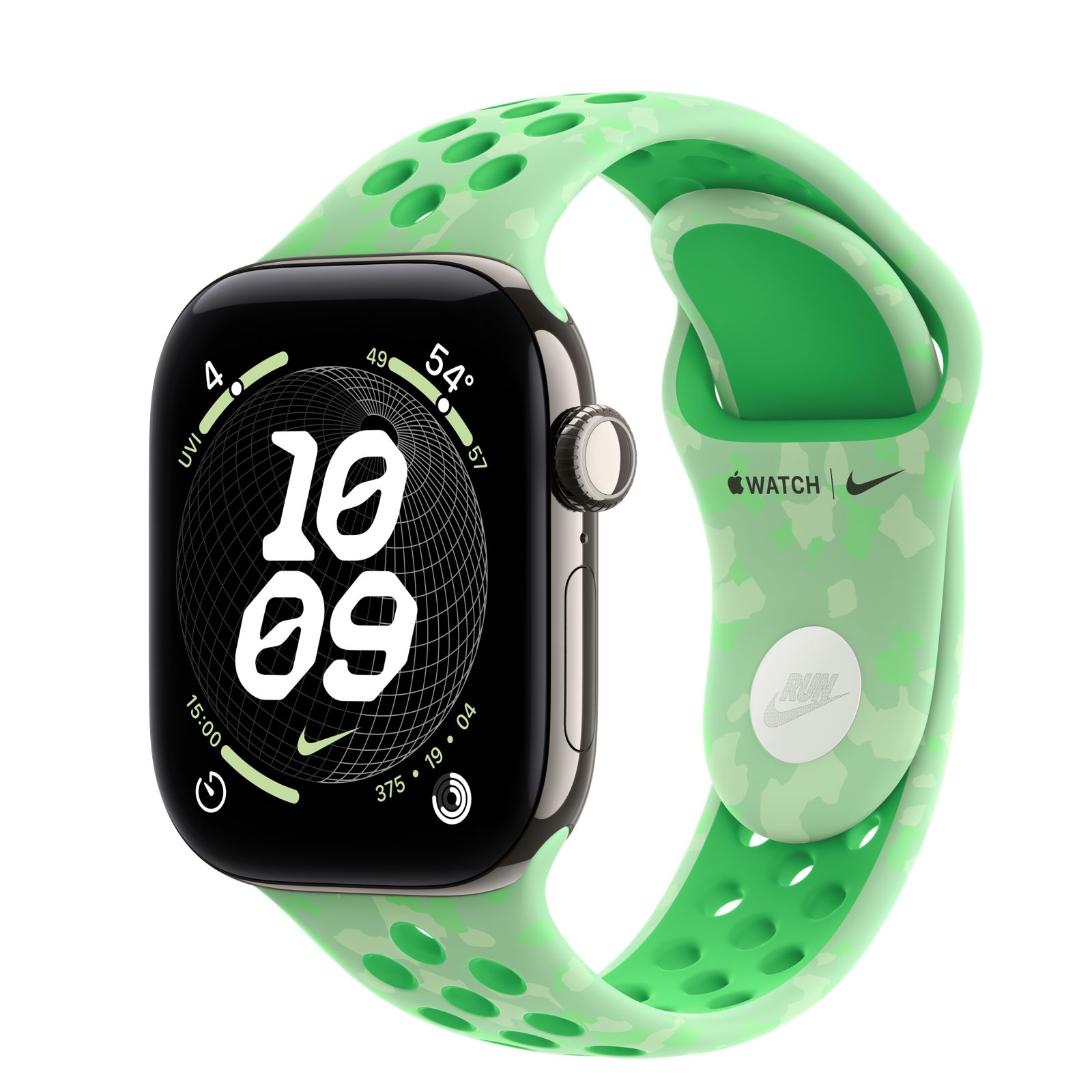 Apple Watch Series 12 (GPS + Cellular) • Titanboett naturlig, 42 mm • Nike-sportband i Green Spark