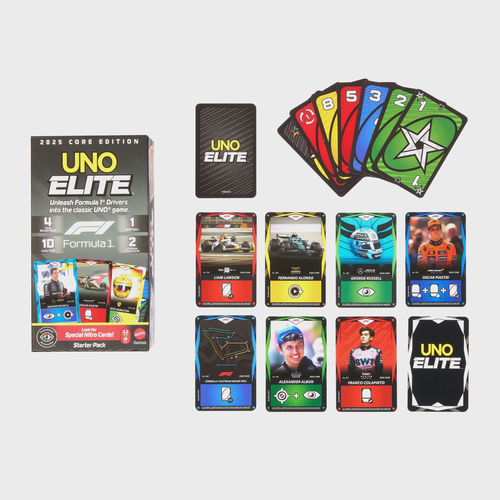 Spel UNO Elite Formula 1 2025 Core Edition Startpaket, Kortspel, Avgränsning, 7 år