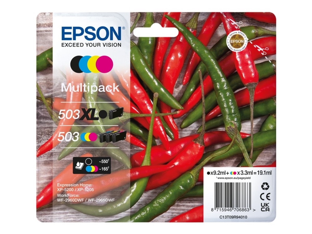 Epson 503XL Multipack - 4-pack - XL - svart, gul, cyan, magenta - original - blister med RF-larm/akustiskt larm - bläckpatron - för Expression Home XP-5200, XP-5205 WorkForce WF-2960DWF, WF-2965DWF