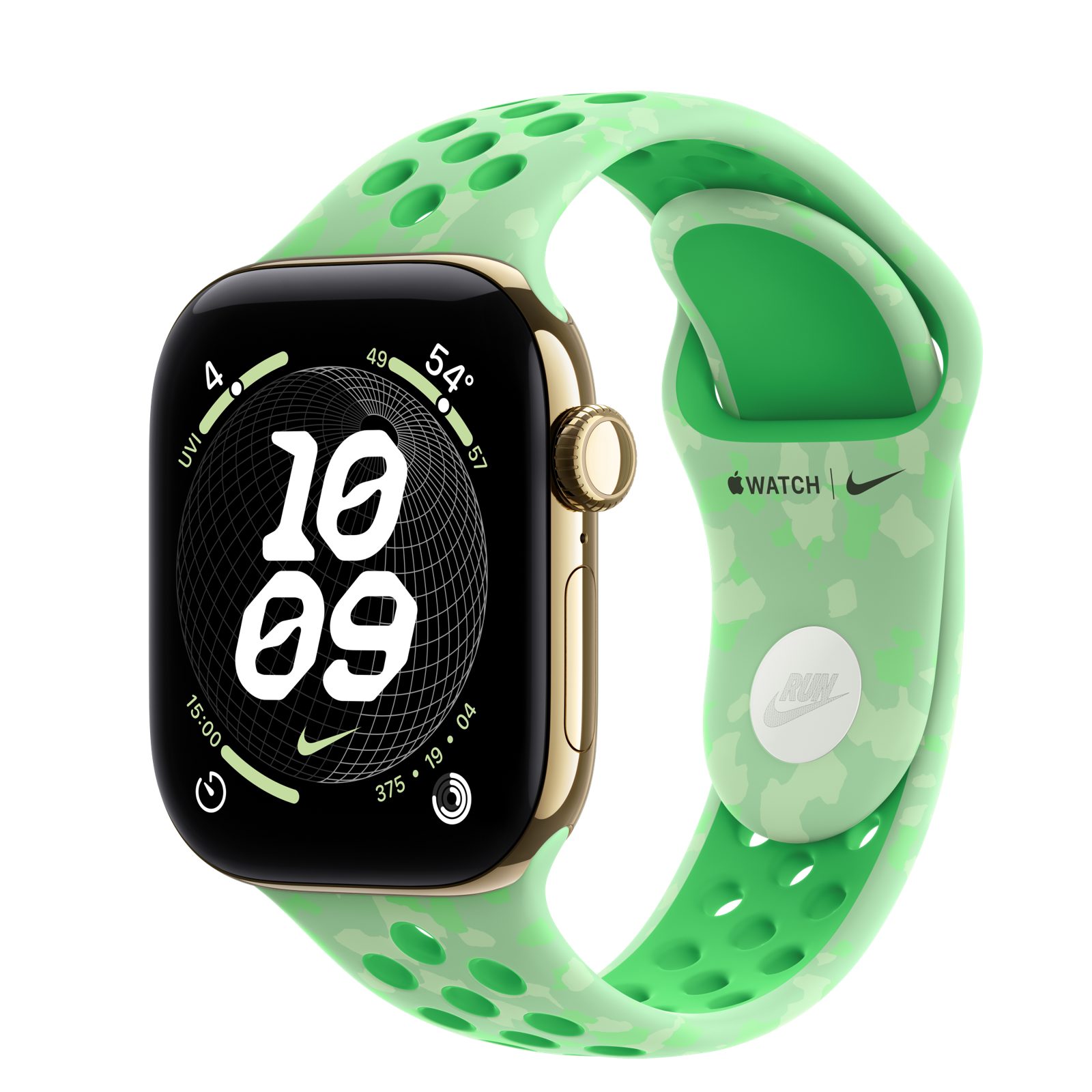 Apple Watch Series 12 (GPS + Cellular) • Titanboett skinande guld, 42 mm • Nike-sportband i Green Spark