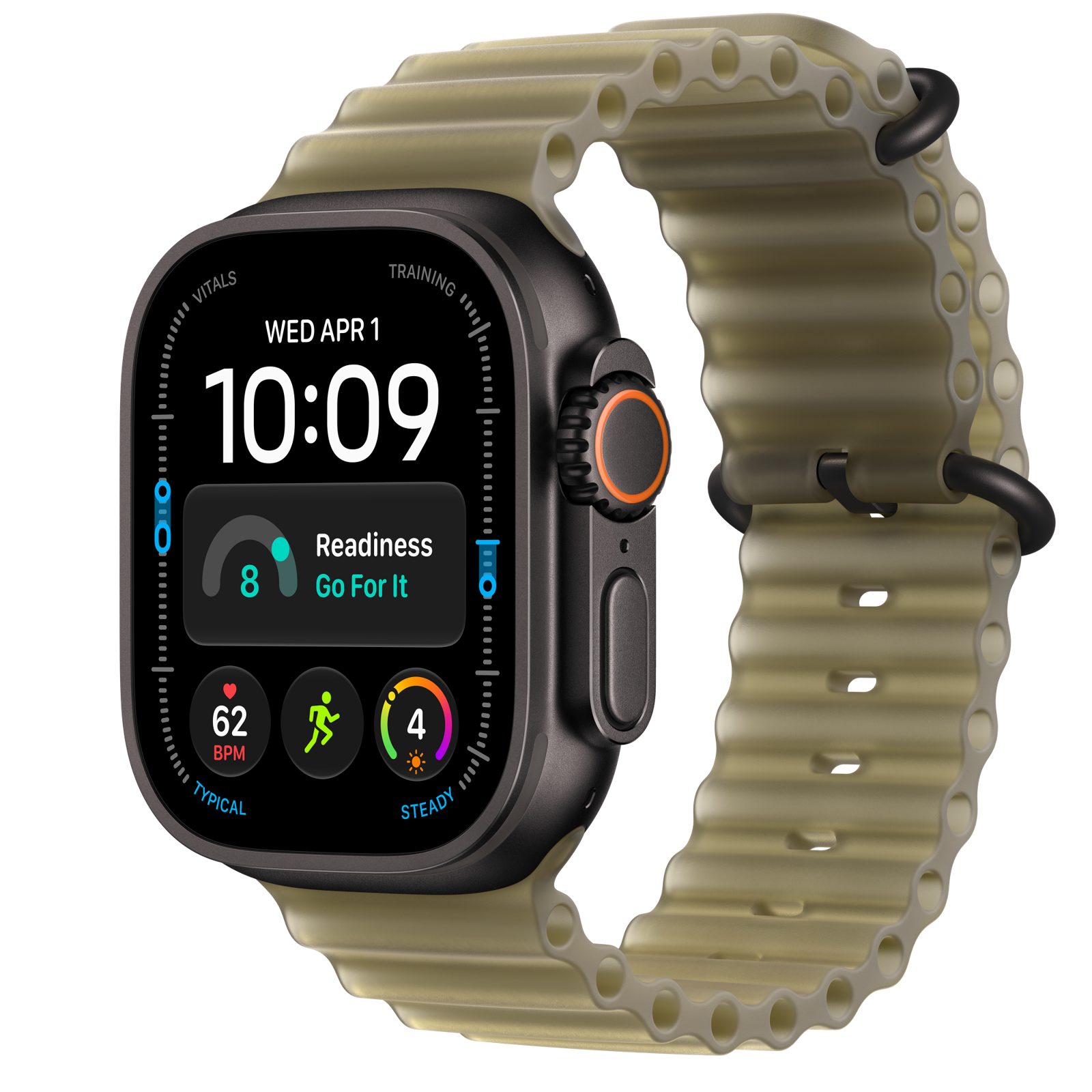 Apple Watch Ultra 4 (GPS + Cellular) • Titanboett svart, 49 mm • Havsband genomlyst tång