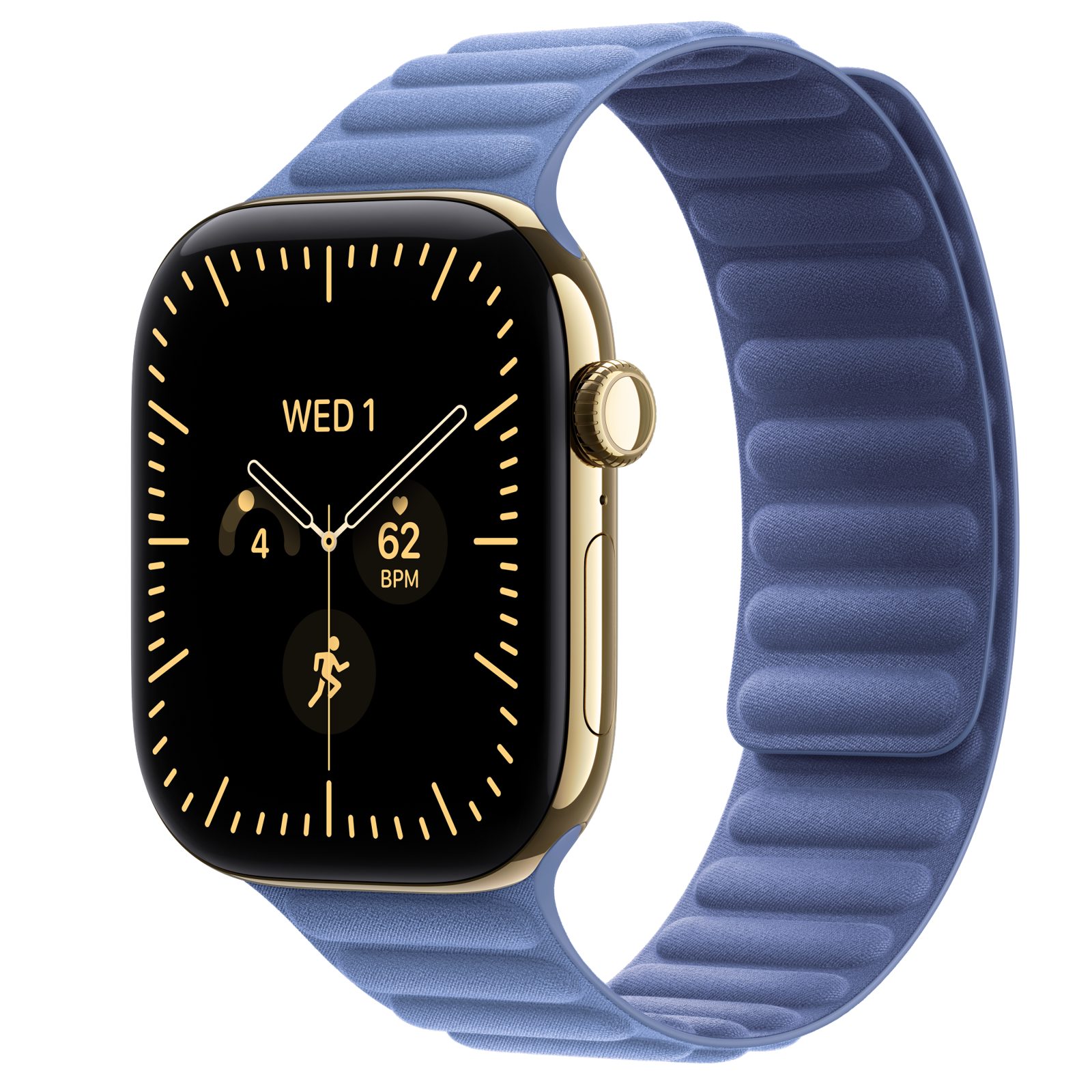 Apple Watch Series 12 (GPS + Cellular) • Titanboett skinande guld, 46 mm • Magnetlänk ängsblå