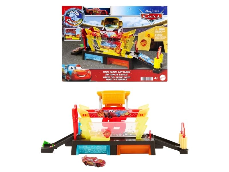 Disney Pixar Cars Bilar från Disney och Pixar – lekset med biltvätt som ändrar färg på bilen och gör den redo för tävling, med Blixten McQueen, Set med fordon och bana, 4 År, Plast, Multifärg
