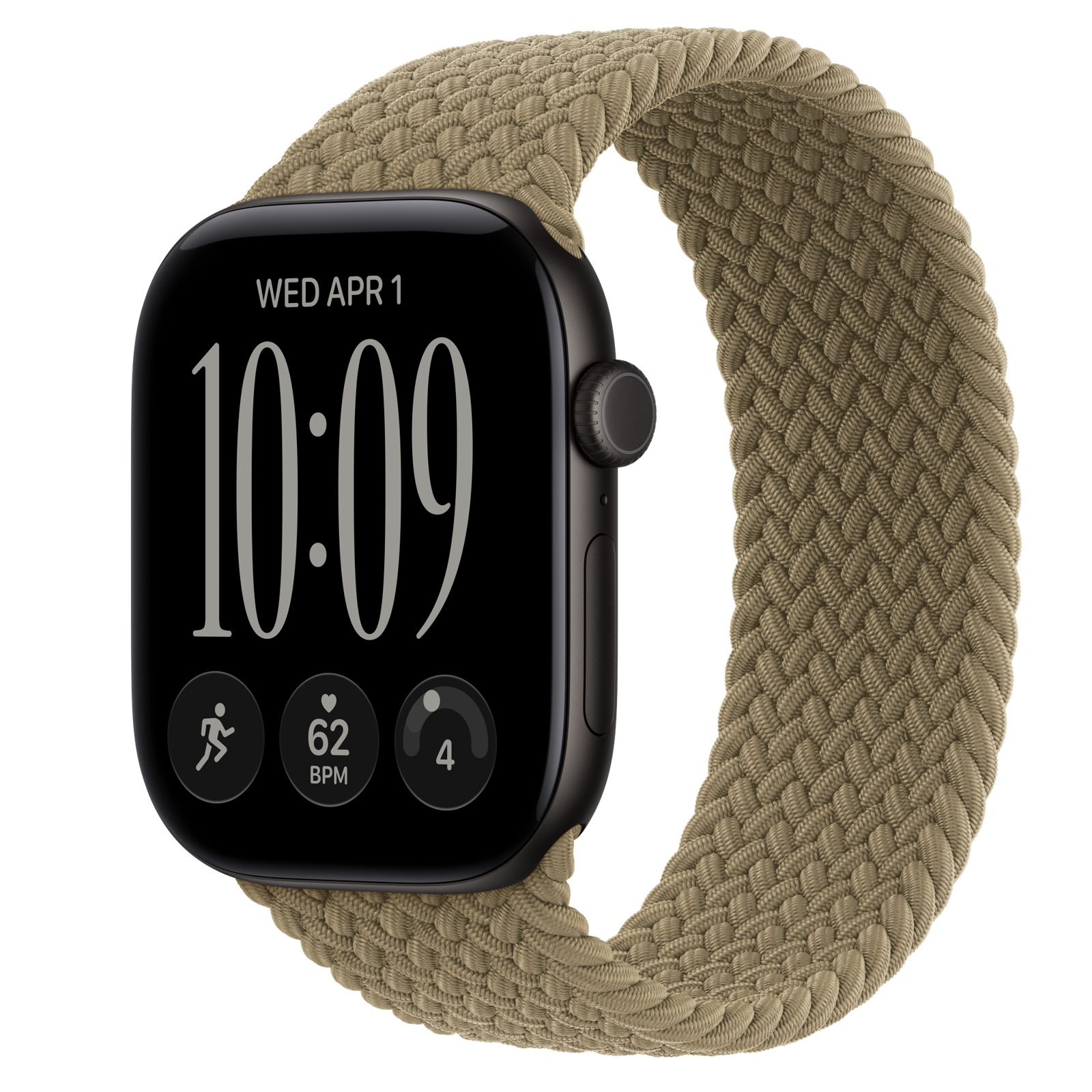 Apple Watch Series 12 (GPS) • Aluminiumboett svart, 46 mm • Flätad sololoop oliv