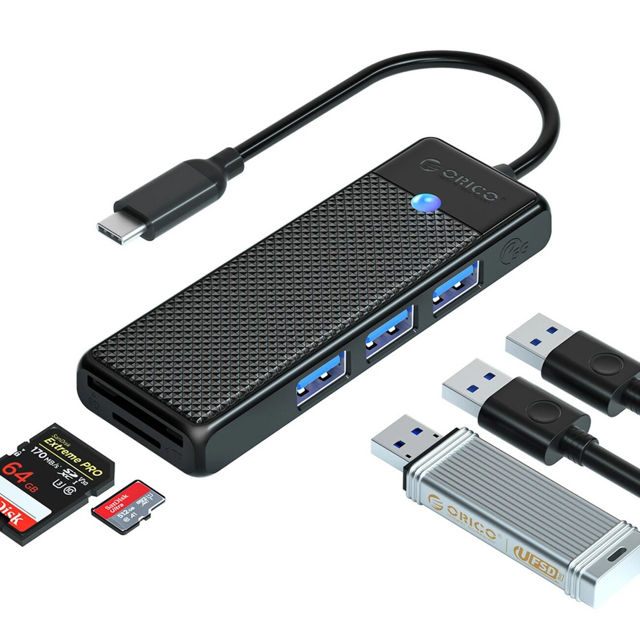 Orico PAPW3AT-C3 USB-hubb med 4 portar (3x USB-A 3.0) och microSD-/SD-kortläsare, 0,15 m – svart, bild 2