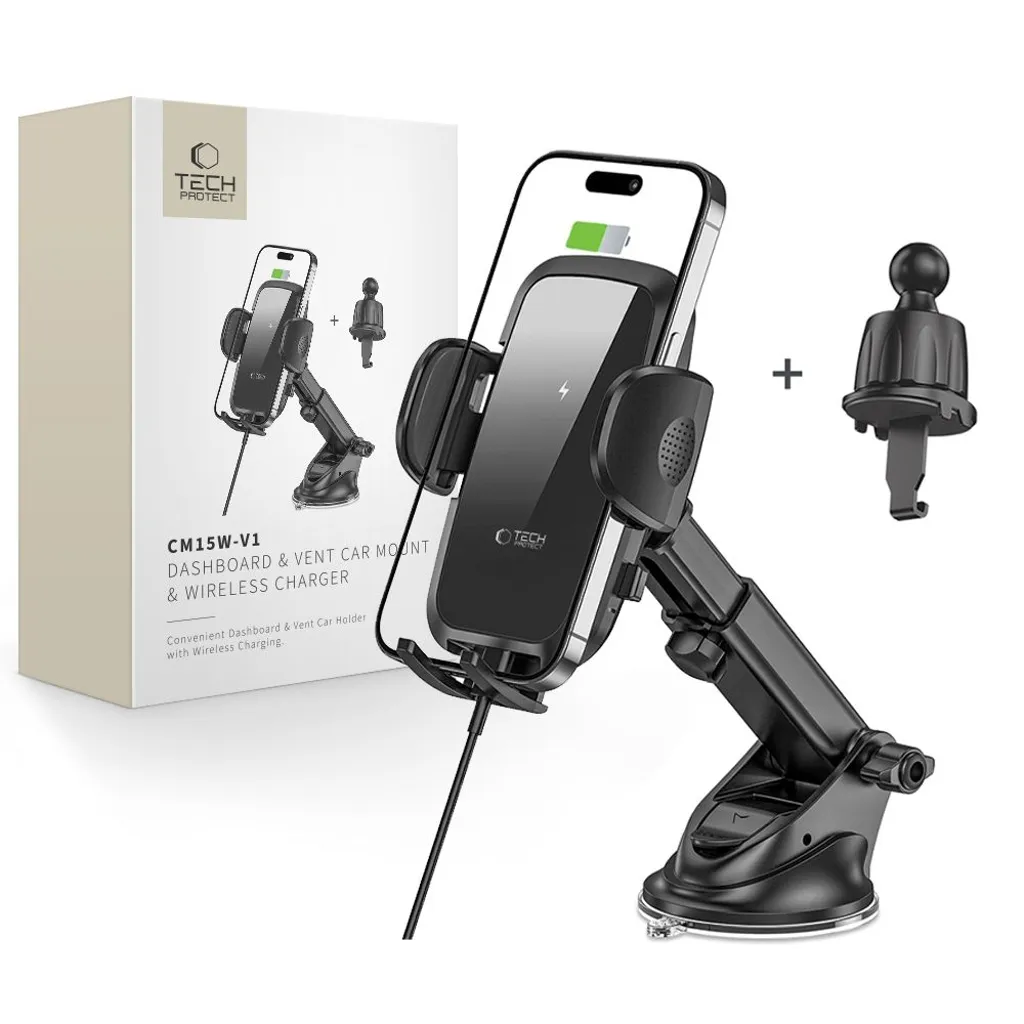 Tech-Protect CM15W-V1 billaddare med trådlös mobilhållare, svart