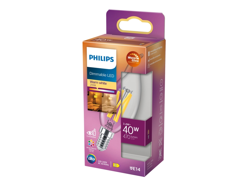 Philips - LED-glödlampa med filament - form: BA35 - klar finish - E14 - 3.4 W (motsvarande 40 W) - klass D - varmt vitt ljus - 2200-2700 K