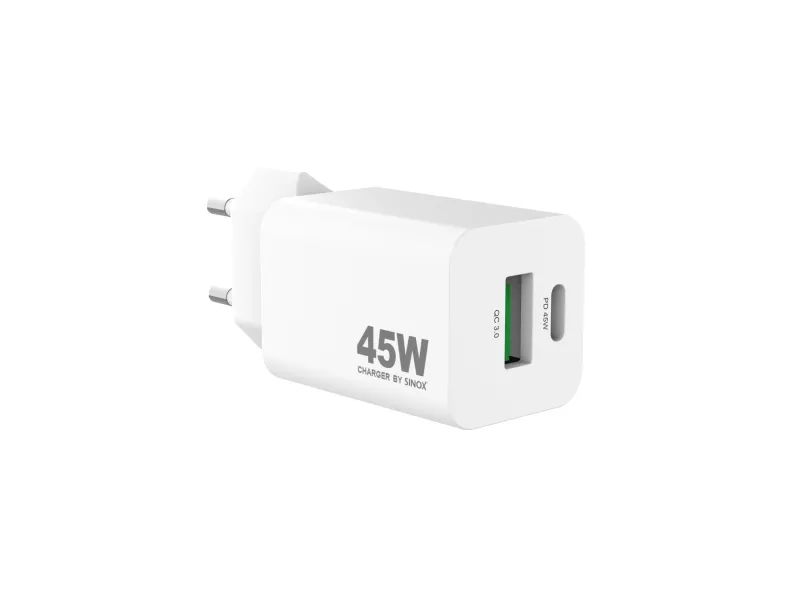Sinox PRO USB-laddare 45W USB-A + USB-C PD, vit