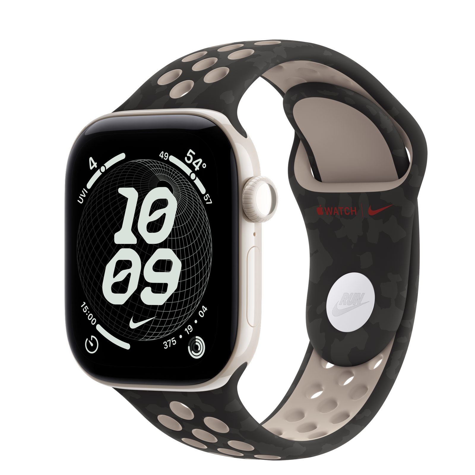 Apple Watch Series 12 (GPS + Cellular) • Keramikboett pärlvit, 42 mm • Nike-sportband i After Dark Black