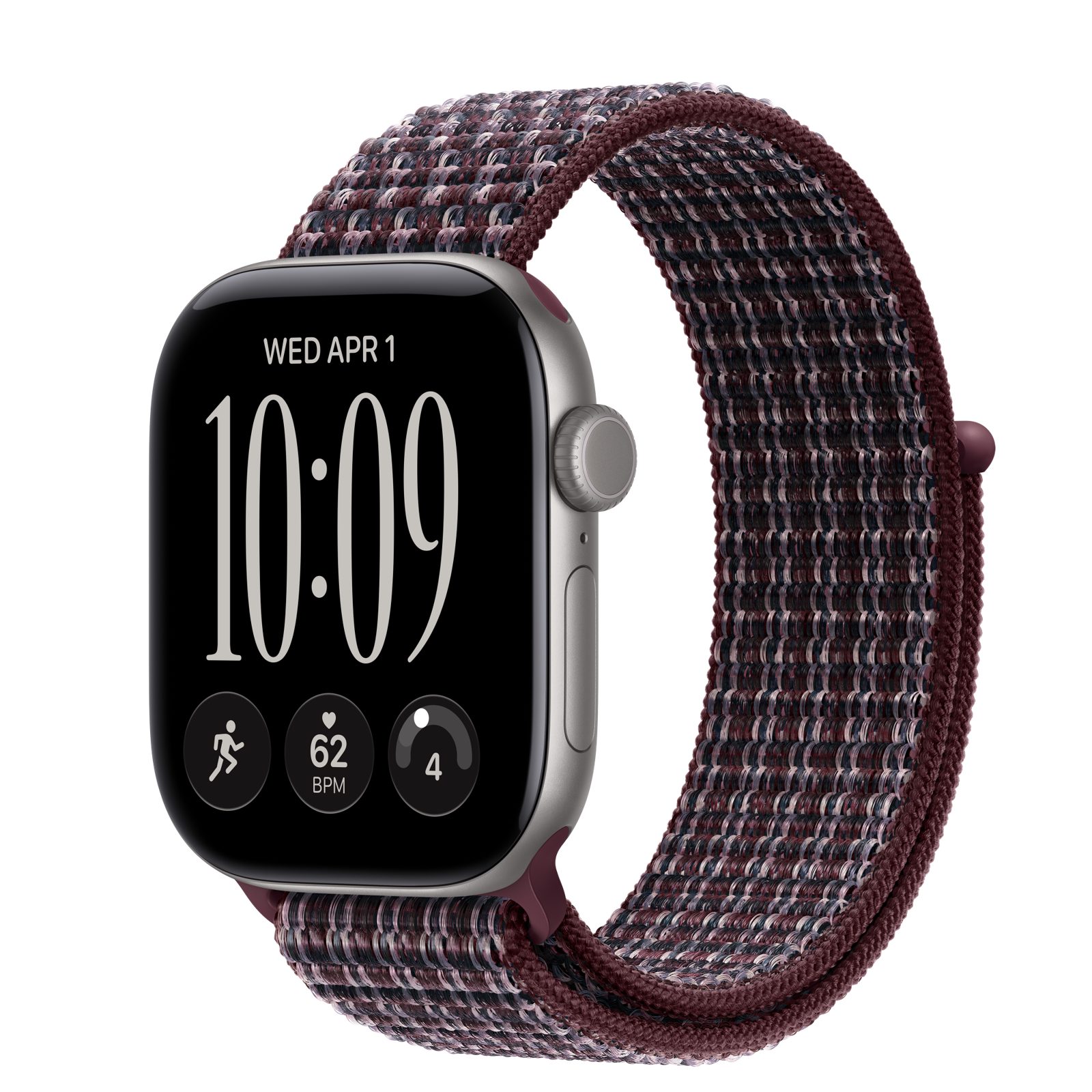 Apple Watch Series 12 (GPS) • Aluminiumboett rymdgrå, 42 mm • Sportloop skotskrutig bourgogne