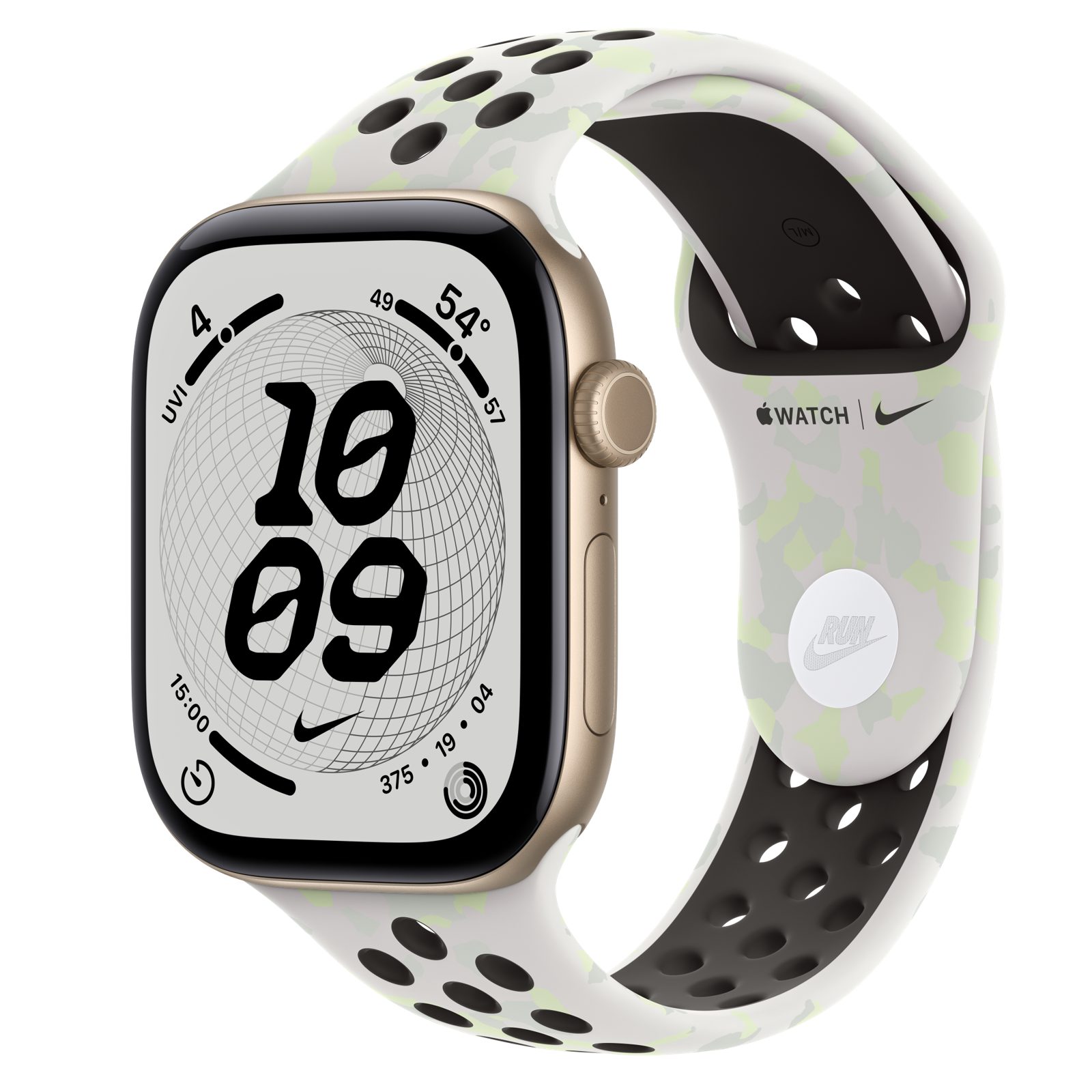 Apple Watch Series 12 (GPS + Cellular) • Aluminiumboett ljust guld, 46 mm • Nike-sportband i Essential White